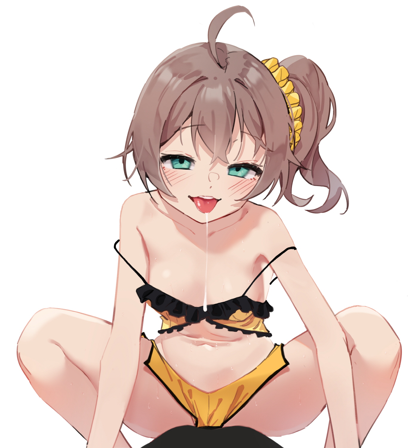 agnamore, ahoge, blue eyes, blush, bra, breasts, brown hair, drooling, empty eyes, female, hololive, hololive gen 1, hololive japan, hypnosis, imminent sex, lingerie, mind control, natsuiro matsuri, panties, ponytail, short hair, side ponytail, small breasts, squatting, sweat, tongue, tongue out, virtual youtuber