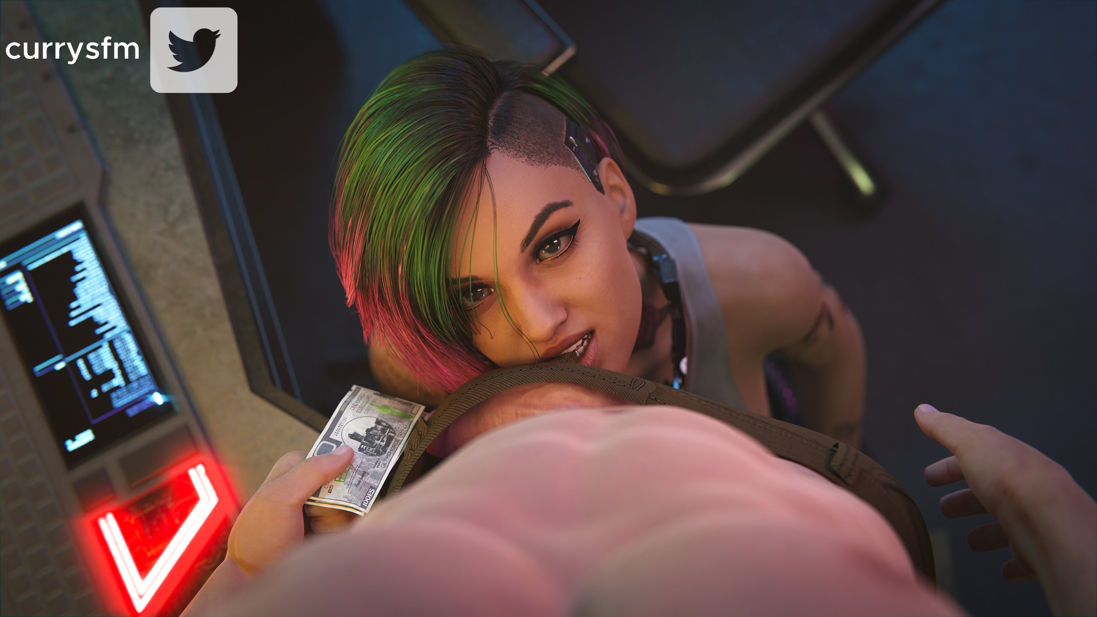 1boy, 1girls, 3d, big penis, bob cut, brown eyes, cd projekt red, currysfm, cyberpunk 2077, dark skin, dark-skinned female, dyed hair, eye contact, female, green hair, imminent oral, imminent sex, judy alvarez, kneeling, large penis, light skin, light-skinned female, light-skinned male, male, multicolored hair, oral, penis, petite, pov, prostitution, punk, punk girl, purple hair, seductive eyes, seductive mouth, seductive smile, shaved side, tagme