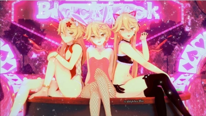 3boys, aether (genshin impact), bikini, blonde female, blonde hair, bunny ears, cat ears, crossdressing, feet, feet out of frame, female, femboy, fishnets, fox ears, gay, genshin impact, gold eyes, long hair, male, thick thighs, thighhighs, twink, yaoi