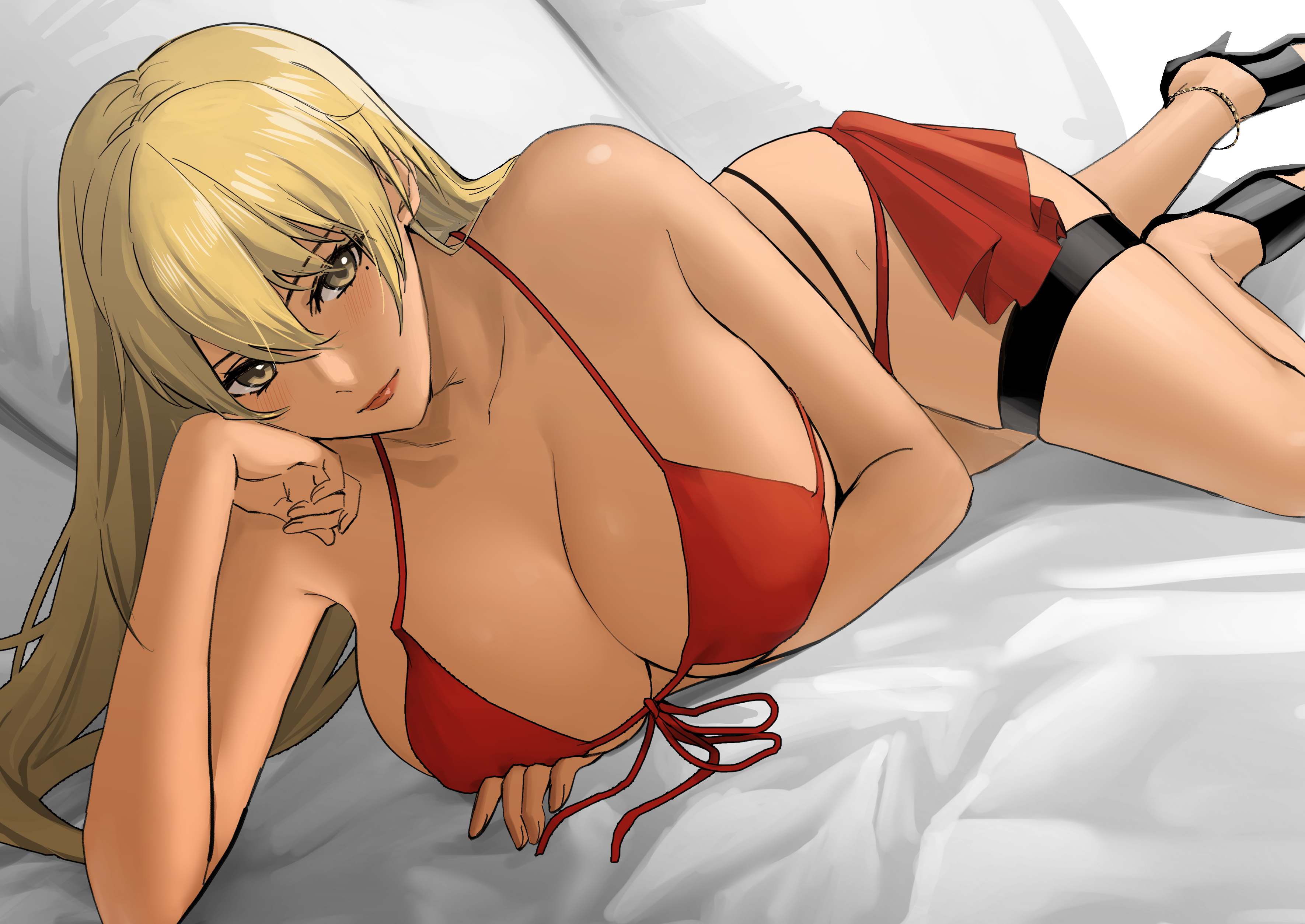 1girls, absurdres, alternate costume, anklet, beauty mark, bikini, blonde female, blonde hair, breasts, cleavage, commission, dark skin, dark-skinned female, female, female only, fire emblem, fire emblem: the binding blade, front-tie bikini, front-tie top, high heels, highres, igrene (fire emblem), jewelry, large breasts, long hair, looking at viewer, mole, mole under eye, nintendo, non-web source, oyatsu 0, red bikini, red swimsuit, skeb commission, solo, swimsuit, thigh strap, yellow eyes