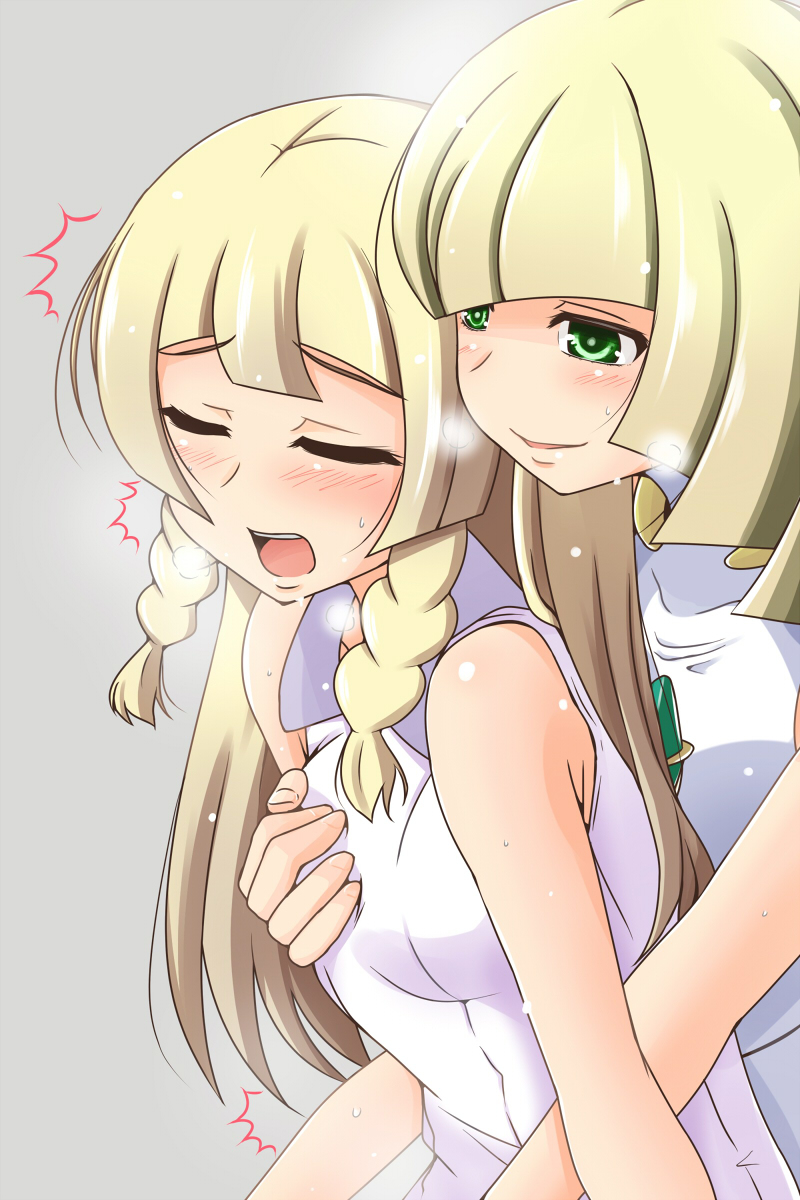 2girls 5_fingers blonde_female blonde_hair blushing breast_grab breast_grab_from_behind breast_grope child closed_eyes daughter female female_only fingering fingering_from_behind fingering_partner game_freak green_eyes incest lillie_(pokemon) lusamine_(pokemon) mother mother_and_daughter nintendo nishi_koutarou offscreen_fingering pokemon pokemon_(game) pokemon_sm yuri