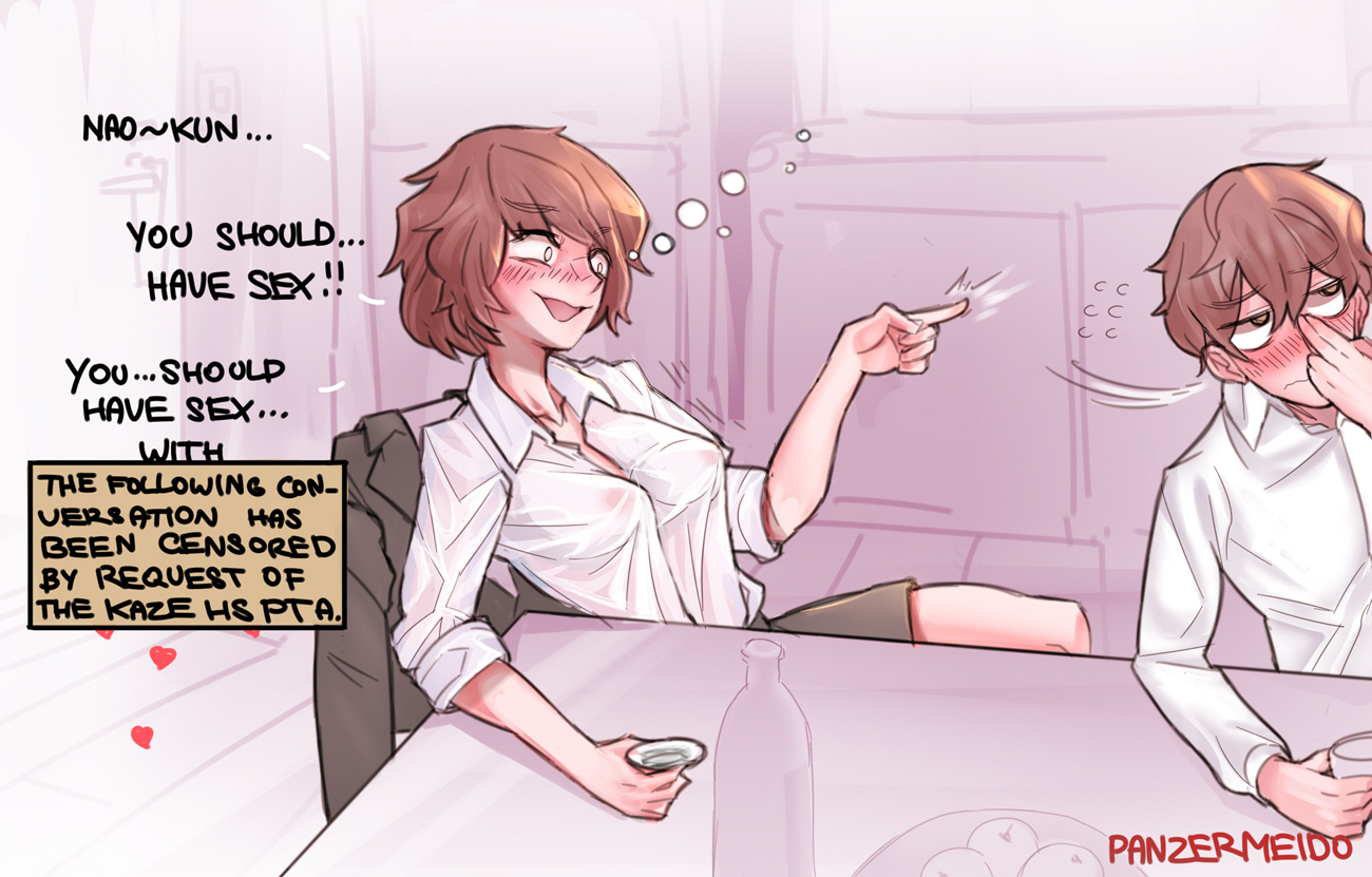 1boy, 1girls, areolae, big breasts, blush, breasts, brown hair, clothed, clothing, color, colorized, covered nipples, drunk, embarrassed, english text, female, hi res, male, medium breasts, milf, mother and son, mrs. hachioji, naoto hachioji (senpai), nipples, nipples visible through clothing, no bra, no sex, panzermeido, please don't bully me, nagatoro, sake, see-through clothing, short hair, text