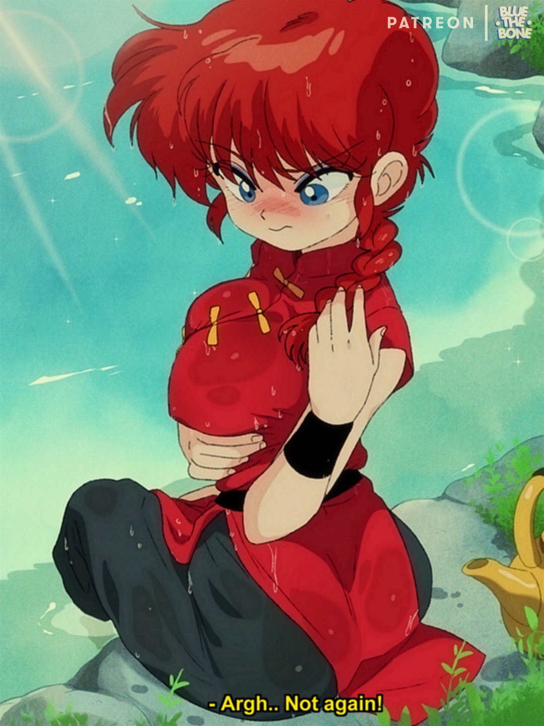 1girls big_breasts bluethebone breast_grab breasts canon_genderswap chinese_clothes dress english_text female genderswap_(mtf) partially_submerged ranma-chan ranma_1/2 ranma_saotome retro_artstyle rule_63 sitting tagme tangzhuang water wet_clothes