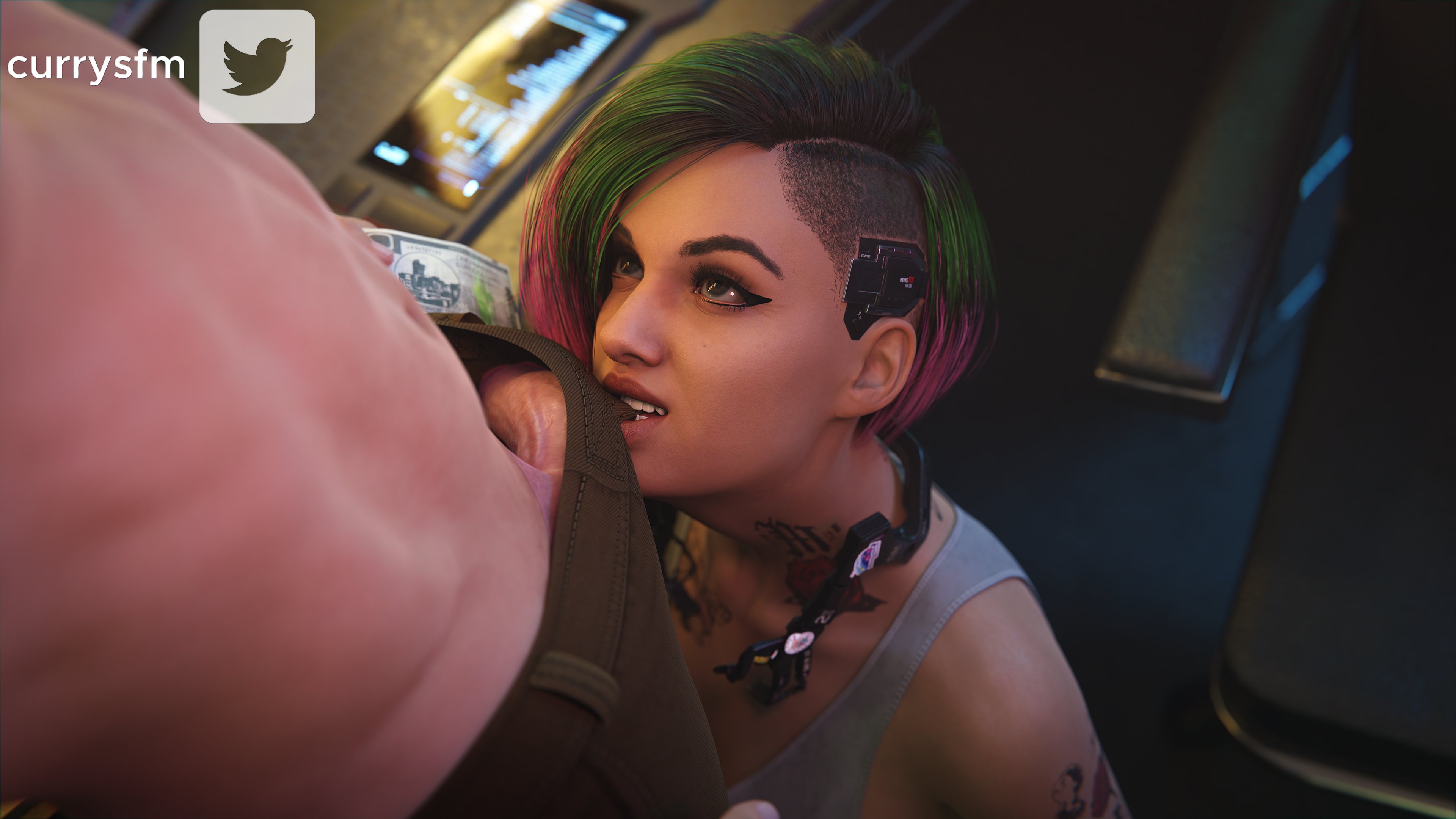 3d, big penis, bob cut, brown eyes, cd projekt red, currysfm, cyberpunk 2077, dark skin, dark-skinned female, dyed hair, eye contact, female, green hair, imminent oral, imminent sex, judy alvarez, kneeling, large penis, light skin, light-skinned female, light-skinned male, male, multicolored hair, oral, penis, petite, prostitution, punk, punk girl, purple hair, removing clothing, seductive eyes, seductive mouth, seductive smile, shaved side