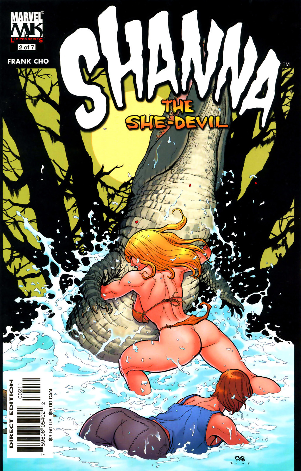 2girls angry animal_fight ass bikini blonde_female blonde_hair closed_eyes comic comic_cover comic_page cover cover_page crocodile fight frank_cho ka-zar_(series) logo loincloth marvel marvel_comics multiple_girls shadow shanna_the_she-devil splash splashing teeth tree uncensored water