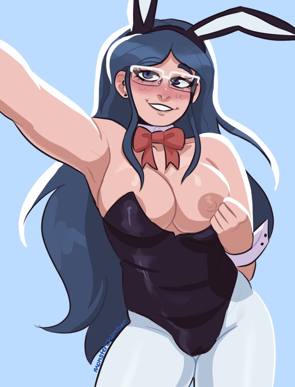 1girls big_breasts blue_eyes blue_hair blush breasts bunnysuit cleavage danganronpa glasses legwear leotard light-skinned_female long_hair looking_at_viewer monsterchamber nipples shirogane_tsumugi smiling smooth_skin solo_female wide_hips