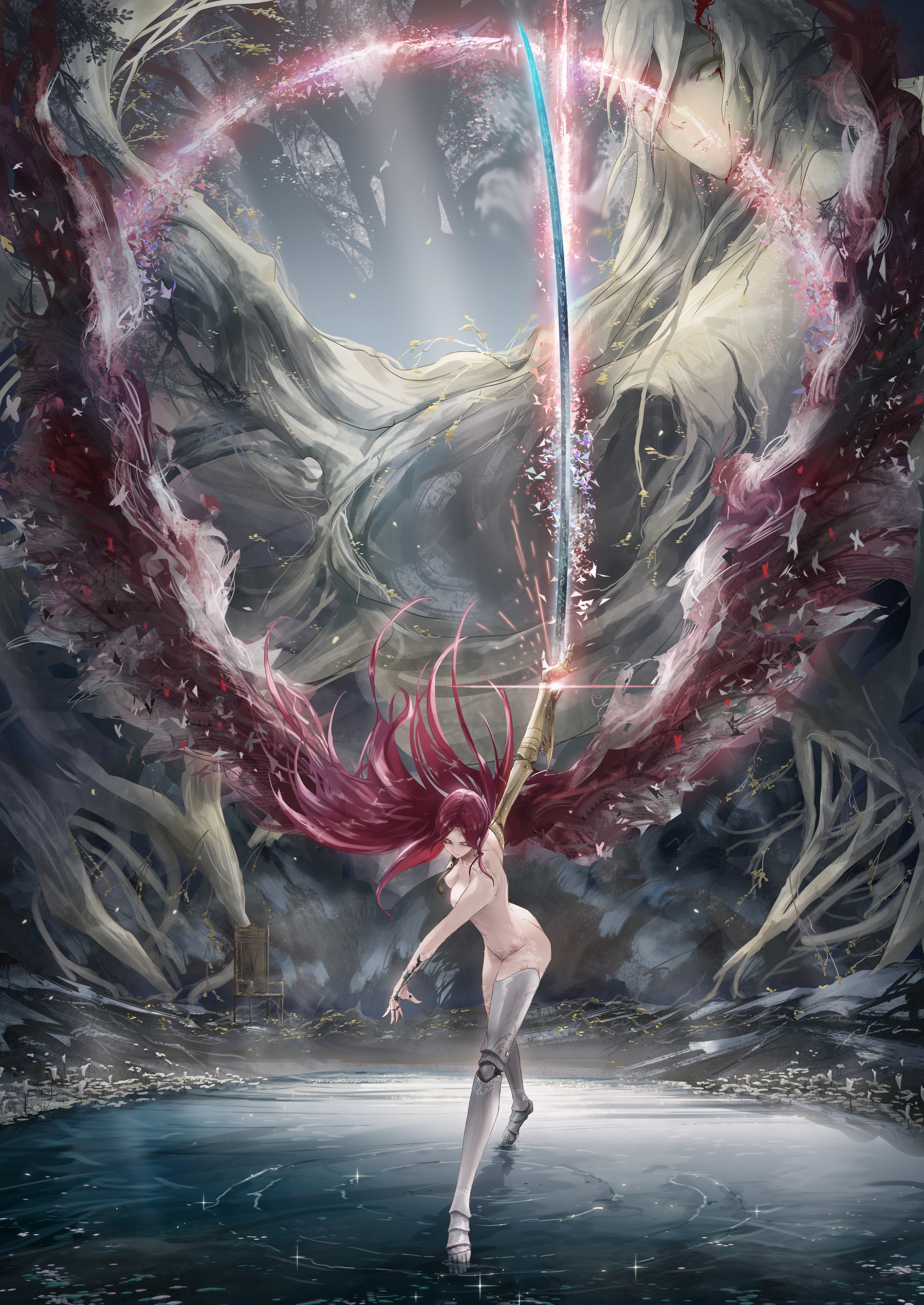 2girls, ass, ass crack, butt crack, completely nude, elden ring, erect nipples, female, female only, fromsoftware, light skin, light-skinned female, malenia blade of miquella, nipples, nude, nude female, pale skin, pale-skinned female, sword
