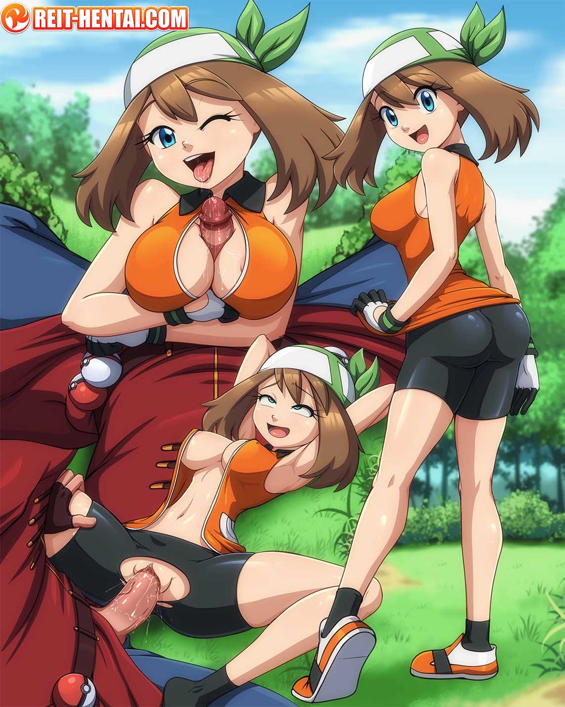 1boy 1boy1girl 1girls age_difference ahe_gao big_breasts bike_shorts blue_eyes brown_hair clothed_sex green_bandana huge_breasts legs looking_at_viewer may_(pokemon) may_(pokemon_emerald) multiple_poses nintendo no_bra no_panties older_man_and_teenage_girl paizuri pokemon pokemon_rse pokemon_trainer reit sex spats tagme team_pokemon torn_clothes vaginal vaginal_penetration vaginal_sex younger_female