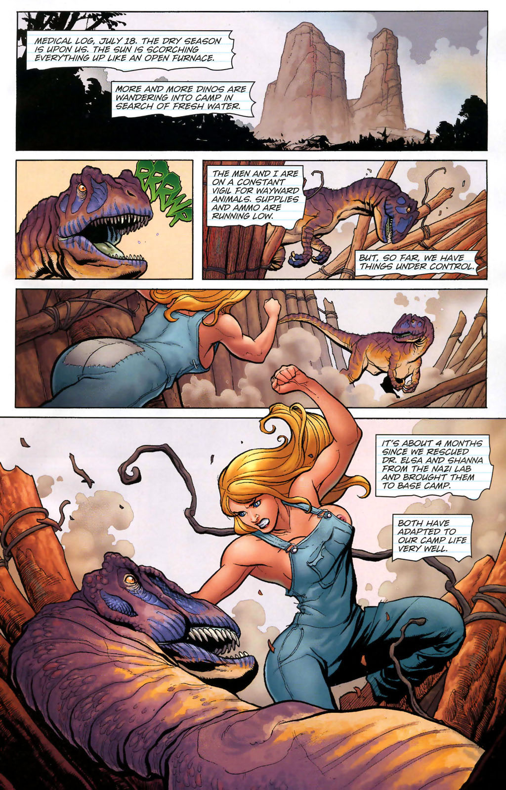 angry big_breasts blonde_hair blue_eyes breasts comic comic_page dave_stewart dinosaur fight fist frank_cho ka-zar_(series) marvel marvel_comics naked_overalls narration nipples overalls pantai running shanna_the_she-devil teeth