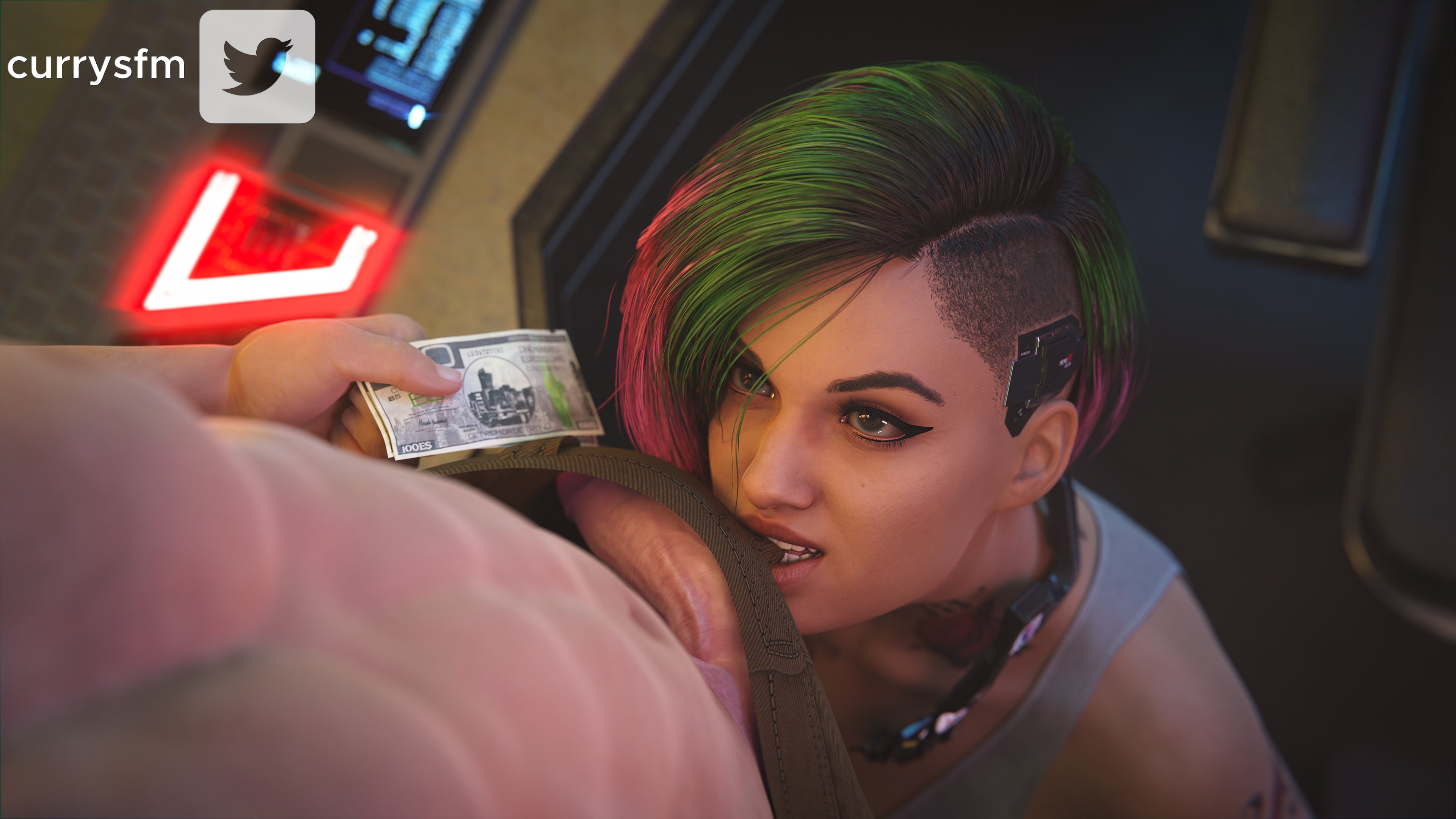3d, big penis, bob cut, brown eyes, cd projekt red, currysfm, cyberpunk 2077, dark skin, dark-skinned female, dyed hair, eye contact, female, green hair, imminent oral, imminent sex, judy alvarez, kneeling, large penis, light skin, light-skinned female, light-skinned male, male, multicolored hair, oral, penis, petite, prostitution, punk, punk girl, purple hair, seductive eyes, seductive mouth, seductive smile, shaved side, tagme