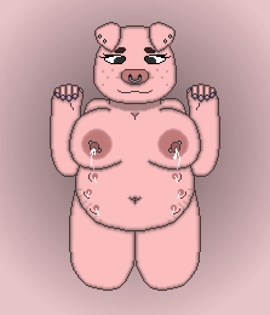 anthro big_breasts big_nipples bodily_fluids breasts colored_nails digital_media_(artwork) domestic_pig facial_piercing female floppy_ears freckles humanoid kneeling lactating mammal multi_breast nails navel nipple_piercing nipples nose_piercing nose_ring piercing pillow_shading pink_body pink_skin pixel_(artwork) pregnant presenting presenting_breasts ring_piercing smile solo solo_focus suid suina sus_(pig) toridiaz