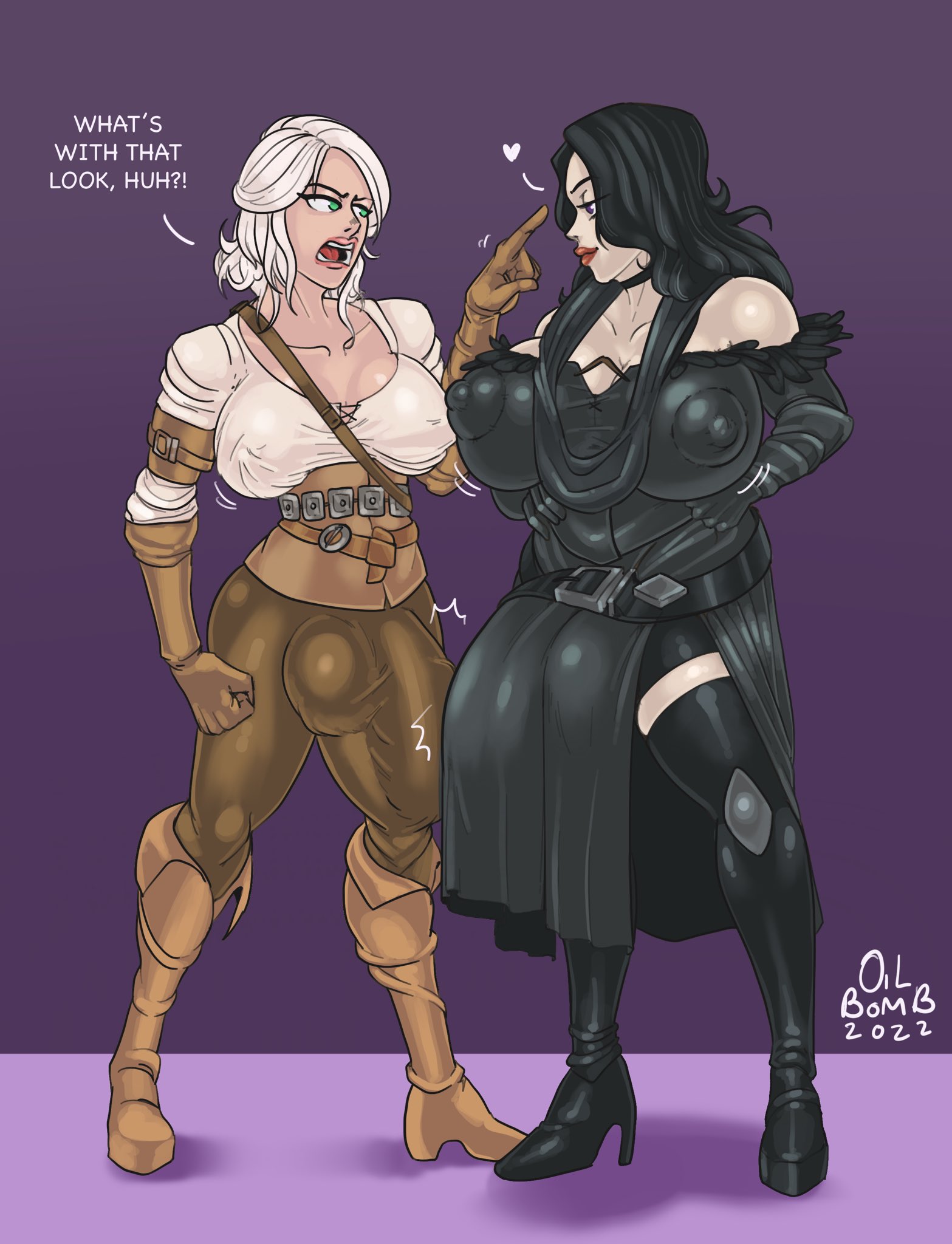2futas, balls, breasts, bulge, ciri, clothed, clothing, dialogue, duo, english text, flaccid, full body, fully clothed, futa only, futanari, high heels, huge balls, huge breasts, huge cock, human, intersex, light skin, light-skinned futa, nipple bulge, oil bomb, penis, standing, text, the witcher (series), the witcher 3: wild hunt, yennefer