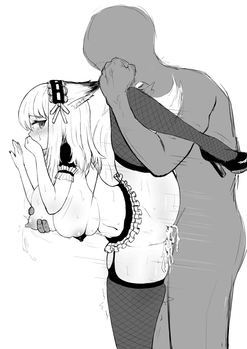 animal ears, arknights, artist request, breasts, cosplay, cum, cum inside, female, fingering, fox ears, fox tail, from behind, frostleaf (arknights), grabbing, groping, hand on mouth, lactation, maid, maid headdress, one breast out, one leg up, tagme, tail