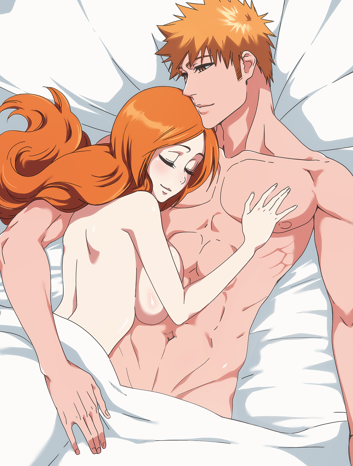 1boy, 1girls, abs, after sex, bed, bed sheet, big breasts, bleach, boyfriend-girlfriend, breast press, breasts, brown eyes, busty, canon couple, closed eyes, completely nude, couple, cuddling, duo, duo focus, female, half-closed eyes, happy, happy female, happy male, hug, huge breasts, hugging, ichigo kurosaki, inoue orihime, lying, lying on back, lying on bed, lying on side, male, muscular, muscular male, naked, nude, on back, on side, orange hair, pecs, romantic, romantic couple, rozuberry, smile, teenage couple, teenager, toned, toned male, under covers, voluptuous, wholesome