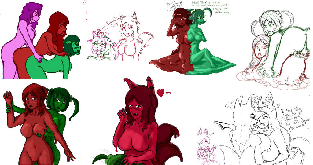 3girls ass dulee_(doodledowd) empress_(spacecrater) green_hair green_skin katie_(spacecrater) mixedkori nude pink_hair pink_skin red_hair red_skin rugu_(mixedkori) sketch slime_girl yuri