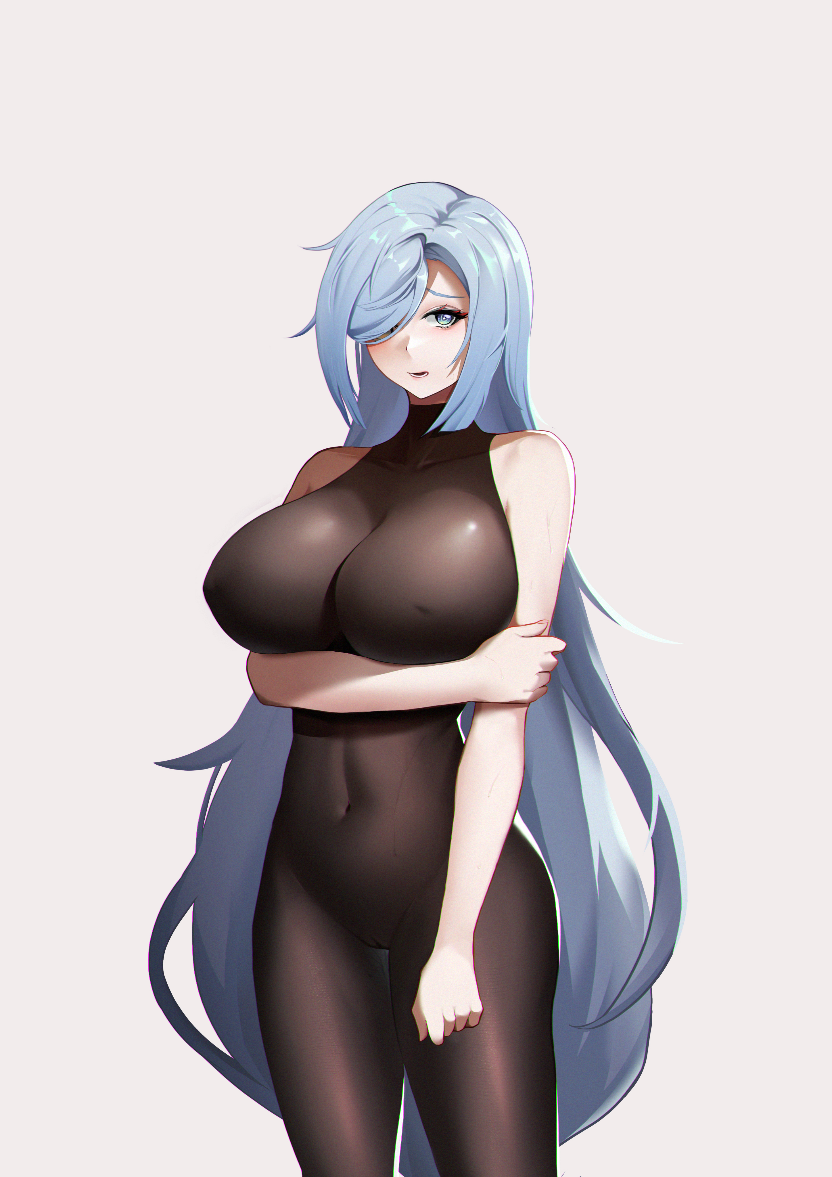 1girls, big breasts, blue eyes, blush, bodysuit, breasts, busty, embarrassed, female, female focus, female only, genshin impact, huge breasts, light blue hair, navel, shenhe (genshin impact), simple background, solo, solo female, thighs, white body