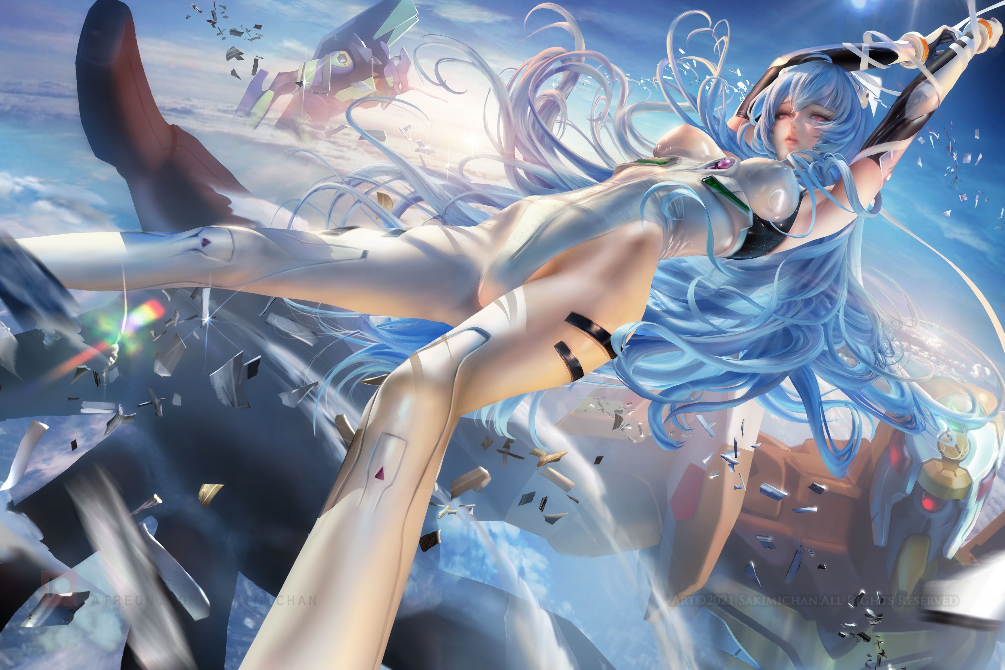 blue hair, blue sky, bodysuit, breasts, clothing, detailed, detailed background, female, female focus, female only, floating, light skin, light-skinned female, long hair, looking at viewer, mecha, medium breasts, neon genesis evangelion, nipple bulge, nipples visible through clothing, pale skin, pale-skinned female, pink eyes, plugsuit, rei ayanami, sakimichan, skinny female, sky, watermark, white bodysuit