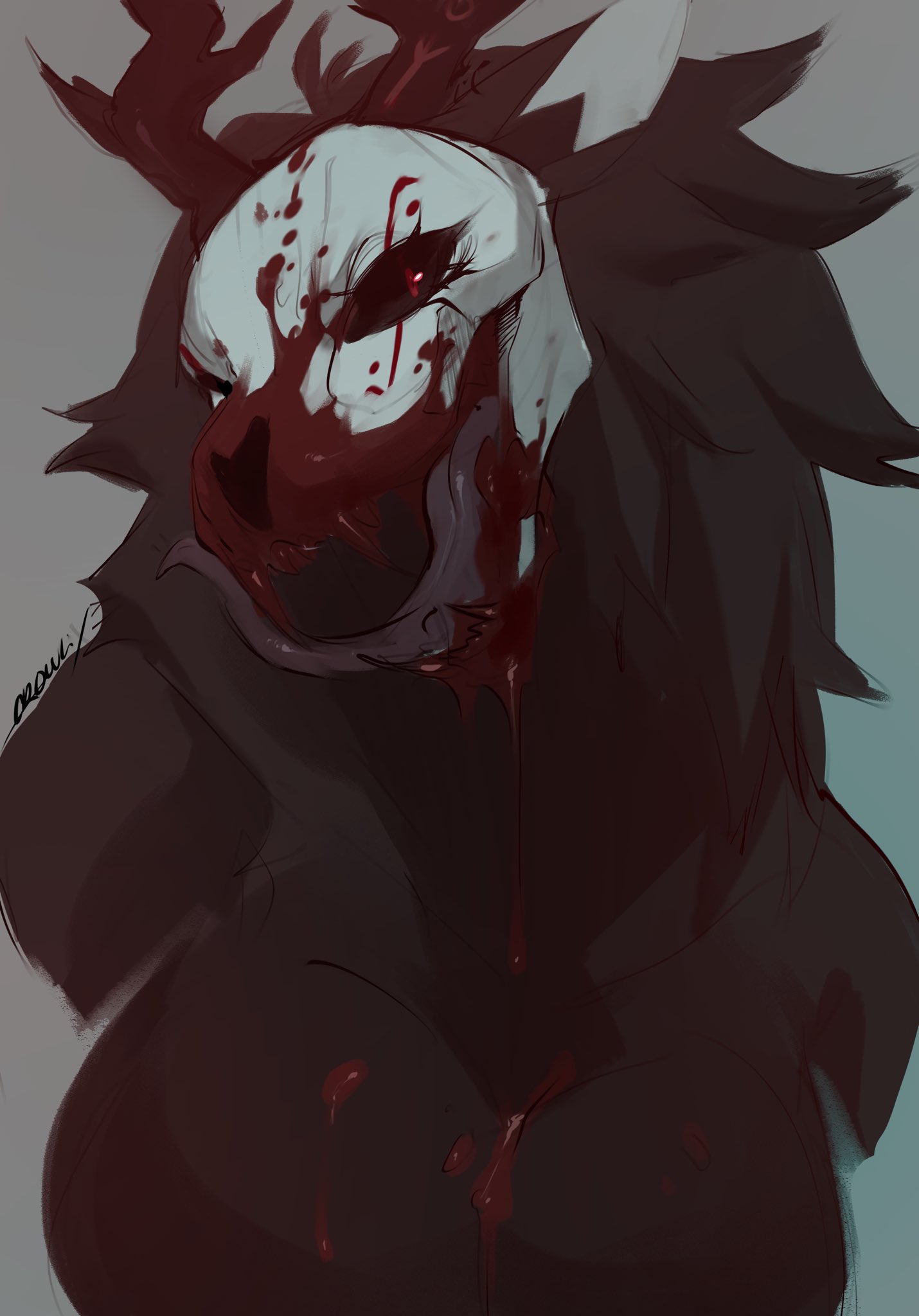 anthro black_body black_fur blood blood_in_mouth bodily_fluids bone breasts canid canine crowlix fangs female fur hi_res horn mammal open_mouth open_smile red_eyes scary simple_background skull skull_head smile solo teeth tongue tongue_out