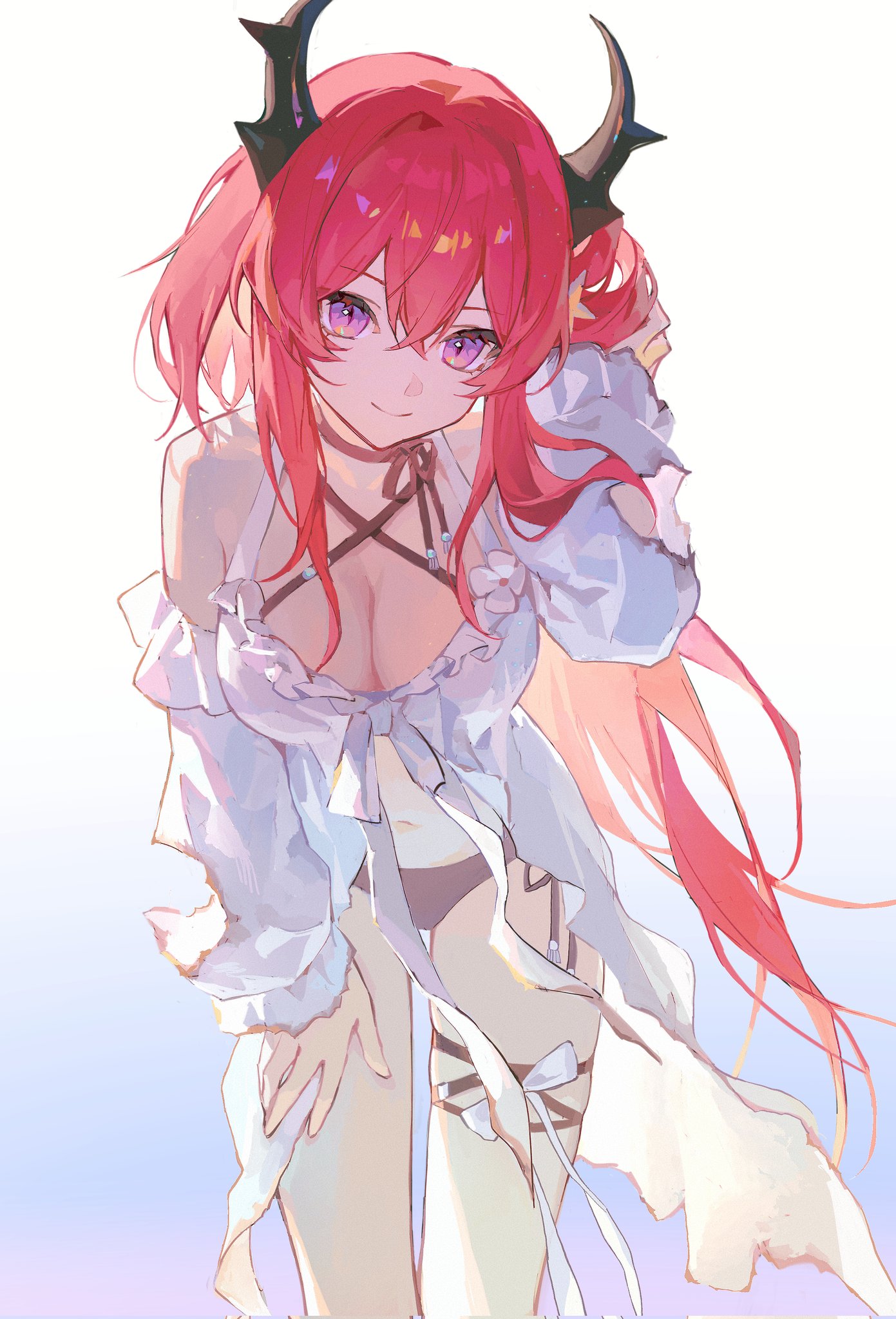 1girls, arknights, bending over, big breasts, black horns, black panties, breasts, cute, dogdogbhh, female, hand on own head, hand on own thigh, horns, leaning forward, looking at viewer, navel, purple eyes, red hair, smile, surtr (arknights), swimsuit