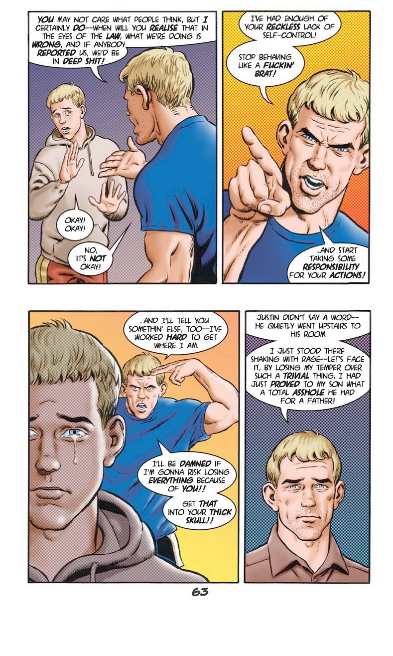 arguing caucasian caucasian_male comic dialogue dilf english_text father_and_son handjobs_magazine jack_maguire josman josman_comics justin_maguire male male_only muscles muscular muscular_male teen_boy