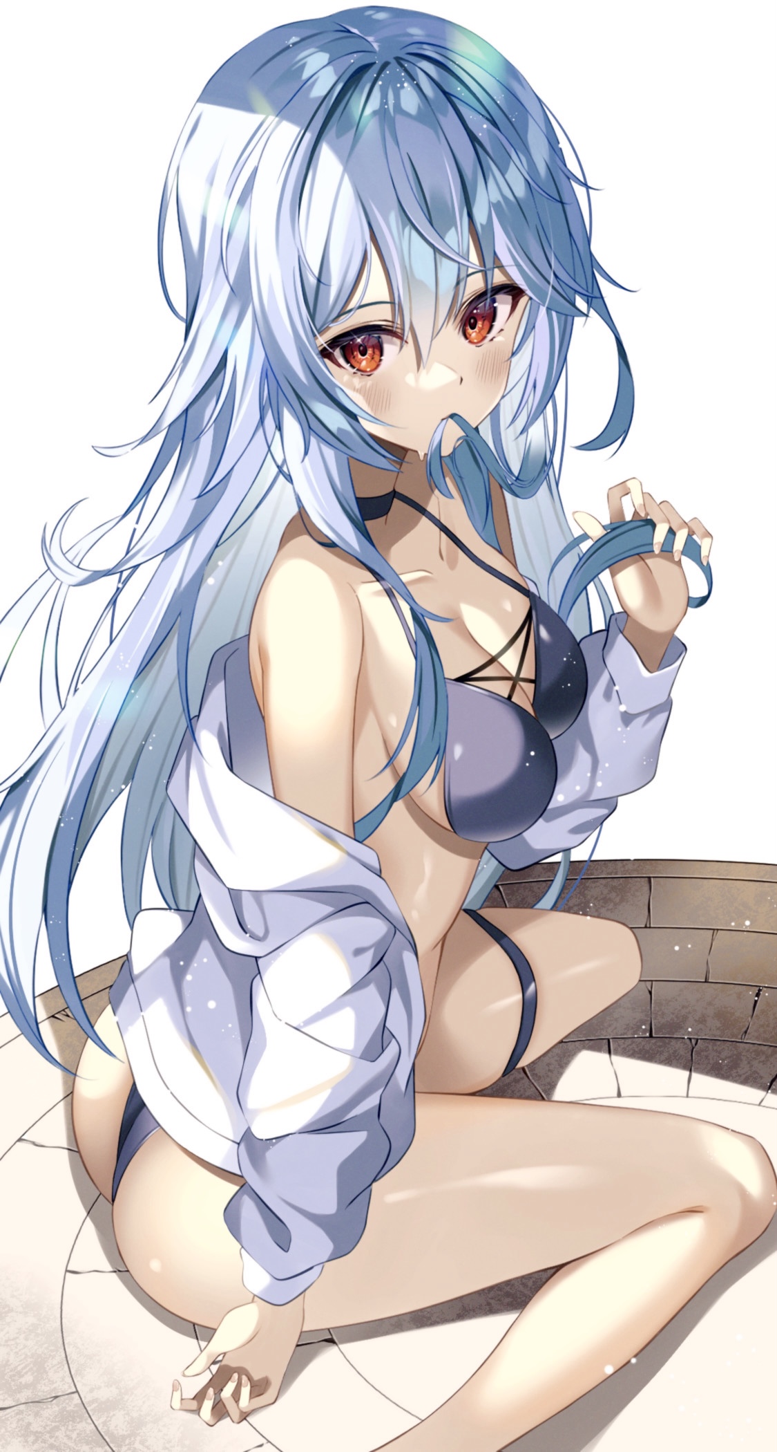 1girls, ass, backboob, bikini, blue hair, blush, breasts, cleavage, female, human, large breasts, legs, light skin, light-skinned female, long hair, looking at viewer, neon genesis evangelion, pale skin, pale-skinned female, rebuild of evangelion, red eyes, rei ayanami, sideboob, solo, solo female, swimsuit