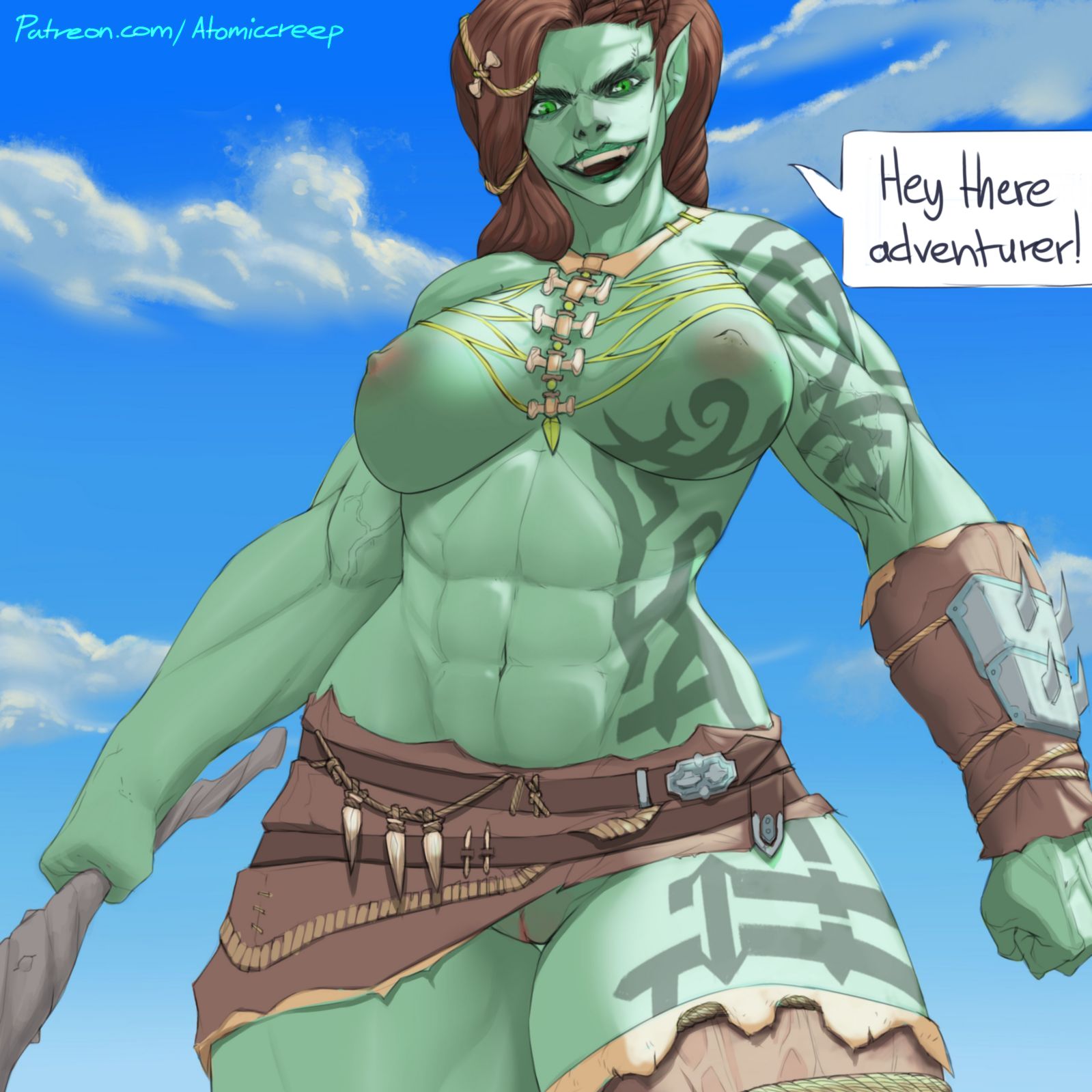 1girls, 2d, abs, atomiccreep, big breasts, breasts, brown hair, dialogue, female, female only, green body, green eyes, green skin, green-skinned female, holding object, huge breasts, large breasts, long hair, looking at viewer, muscular, muscular female, no panties, nopan, orc, orc female, outdoors, outside, skirt, smile, solo, standing, talking to viewer, taller female, tattoo, viewed from below, warrior