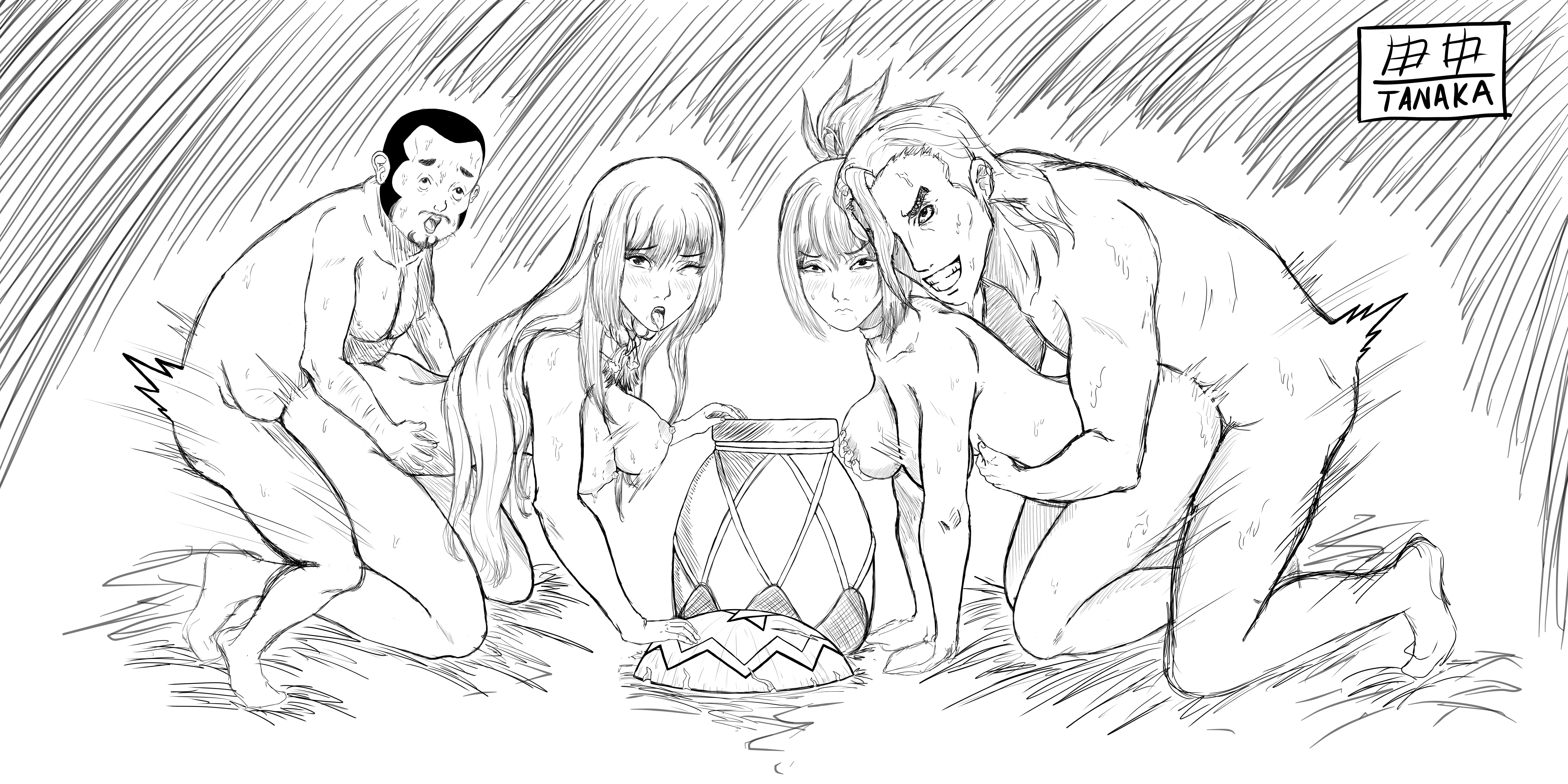 2boys, 2girls, ahe gao, black and white, breasts, cuckold, cuckold pov, cuckolding, doggy style, dominant male, dominated female, dr.stone, fat male, female, femsub, forced, foursome, from behind, grabbing, grabbing breasts, human, kohaku (dr.stone), magma (dr.stone), male, maledom, mantle (dr.stone), monochrome, multiple boys, multiple females, multiple girls, multiple males, multiple subs, naked, netorare, ntr, penetration, ruri (dr.stone), sex, sisters, submissive female, tanakayuutadesu, ugly bastard, utter domination, white background
