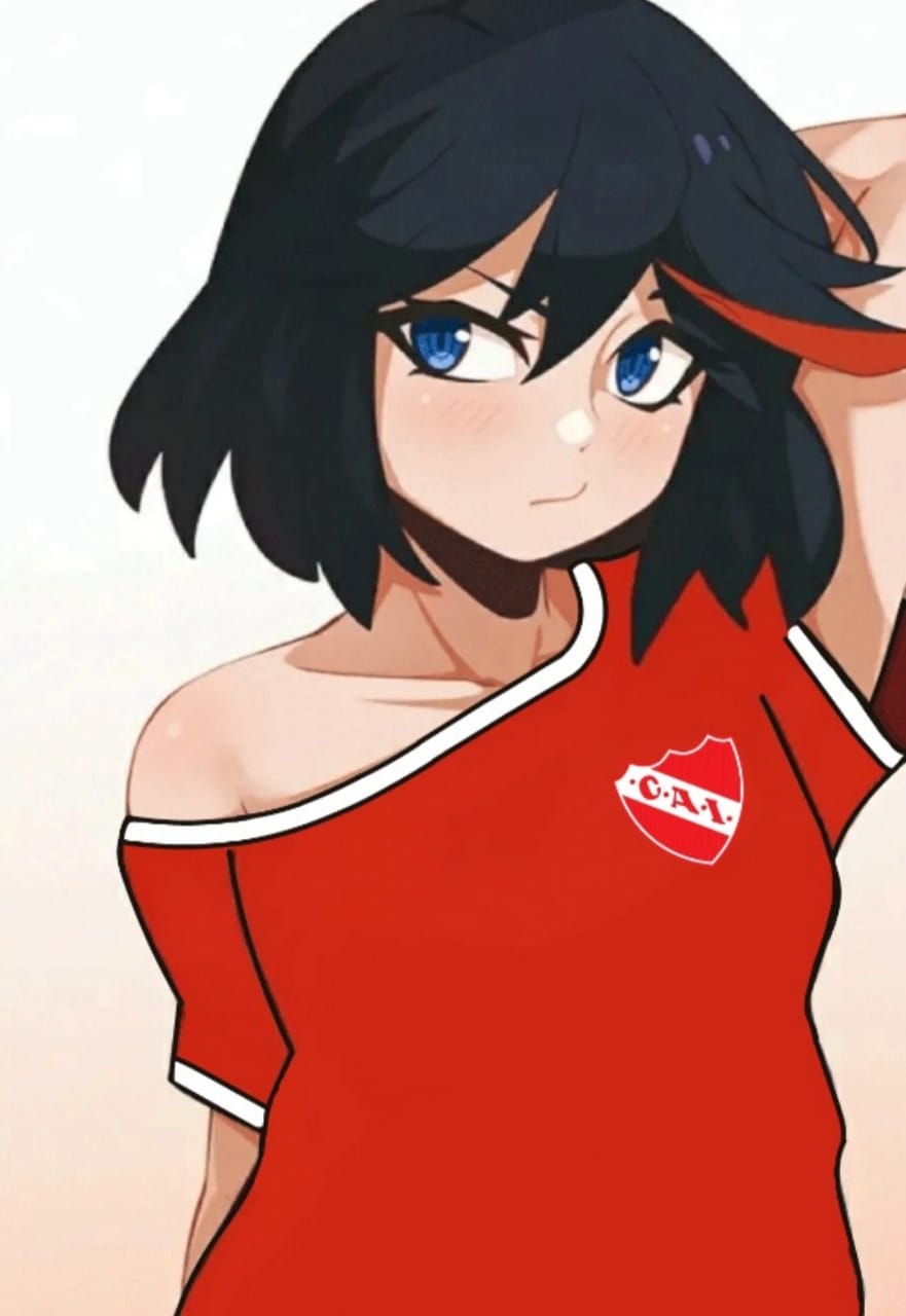 1girls, anime, argentina, black hair, blue eyes, casual, clothed, clothed female, dress, el pajarito verde, female, female only, football, football jersey, football uniform, independiente, independiente de avellaneda, kill la kill, light skin, light-skinned female, matoi ryuuko, morning, no nude, red highlights, short hair, soccer, soccer uniform, solo, solo female