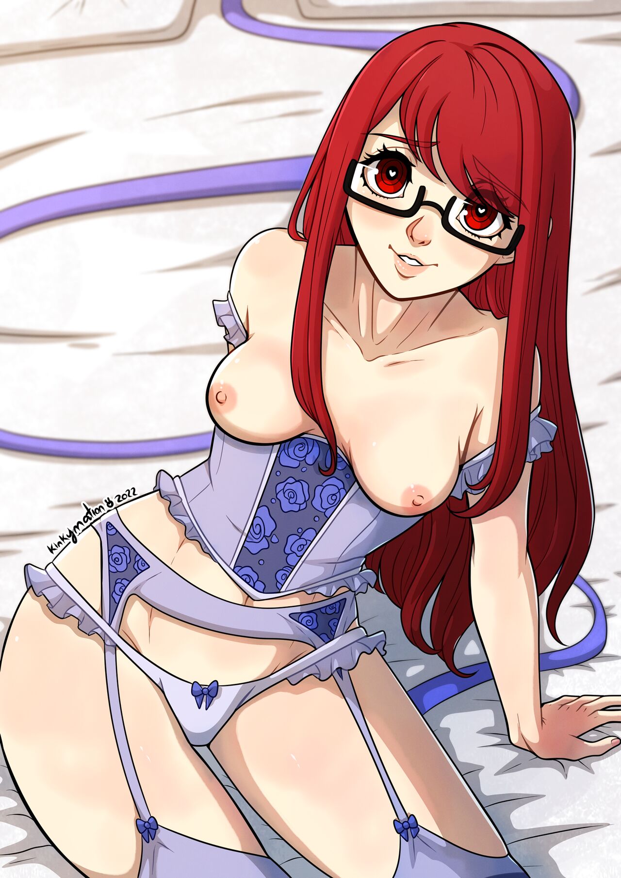 1girls, breasts, breasts out, comic, female, female only, kasumi yoshizawa, kinkymation, nipples, partially clothed, persona, persona 5, persona 5 royal, small breasts, sumire yoshizawa