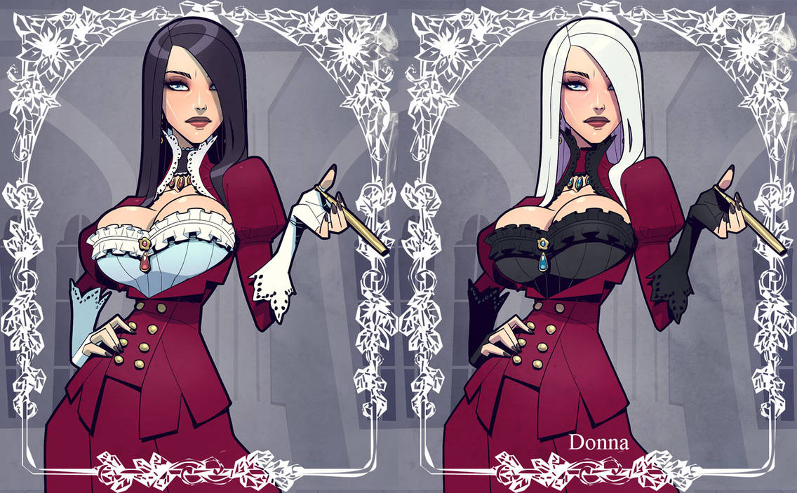 2girls, balsamique, black hair, breasts, bursting breasts, busty, cleavage, clothing, dark hair, eyebrows, eyelashes, eyes, female, gothic, gothic lolita, hair, hair over one eye, hourglass figure, lips, long hair, voluptuous, white hair