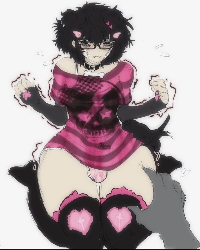 alfie_(knwives) bandage black_eyes black_hair blush bulge clothing collar disembodied_hand femboy girly glasses hair_ornament knwives male_focus panties partially_clothed solo_focus stockings striped_shirt sweat thick_thighs white_background