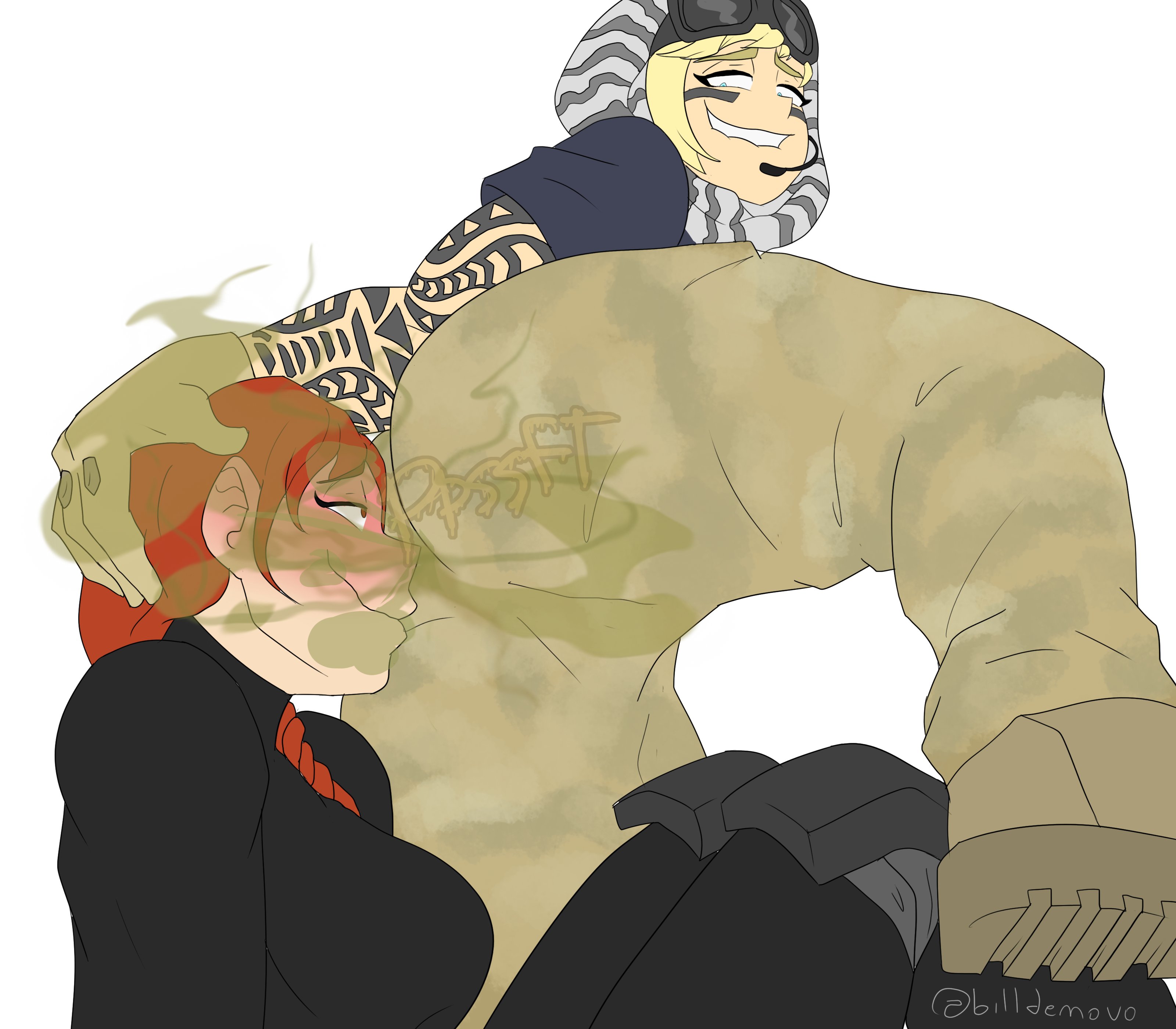 2girls, ash (rainbow six), billdenovo, blonde hair, blue eyes, blush, braid, enjoying farting, enjoying farts, fart, fart cloud, fart fetish, farting, farting in face, female, hand on head, looking pleasured, multiple females, multiple girls, rainbow six, rainbow six siege, red hair, smile, ubisoft, valkyrie (rainbow six), yuri
