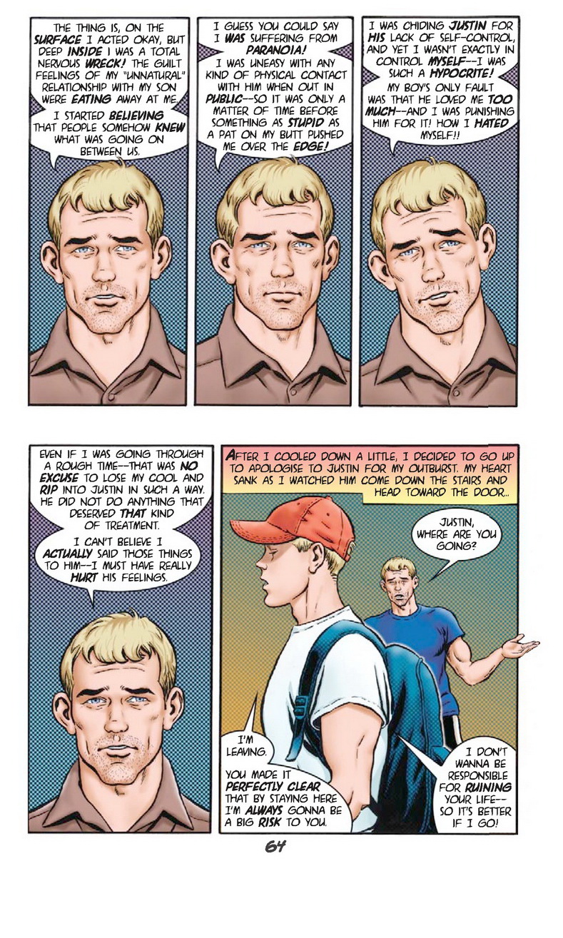 caucasian caucasian_male comic dialogue dilf english_text father_and_son handjobs_magazine jack_maguire josman josman_comics justin_maguire male male_only muscles muscular muscular_male teen_boy