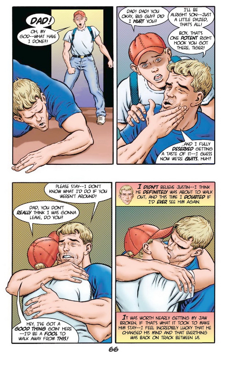 caucasian caucasian_male comic dialogue dilf english_text father_and_son handjobs_magazine incest jack_maguire josman josman_comics justin_maguire male male_only men_kissing muscles muscular muscular_male teen_boy