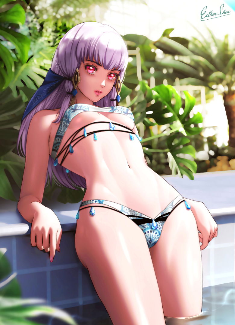 1girls alternate_costume ass bangs bare_midriff bare_thighs bikini blue_bikini blue_swimsuit breasts esther-shen female female_only fire_emblem fire_emblem:_three_houses grey_hair hair_ornament intelligent_systems leaning_back long_hair looking_at_viewer lysithea_von_ordelia midriff nail_polish navel nintendo paid_reward_available parted_lips pink_eyes pink_nails plant pool poolside print_bikini red_eyes red_lips shiny shiny_skin signature small_breasts solo swimming_pool swimsuit thighs underboob very_long_hair wading water watermark white_hair