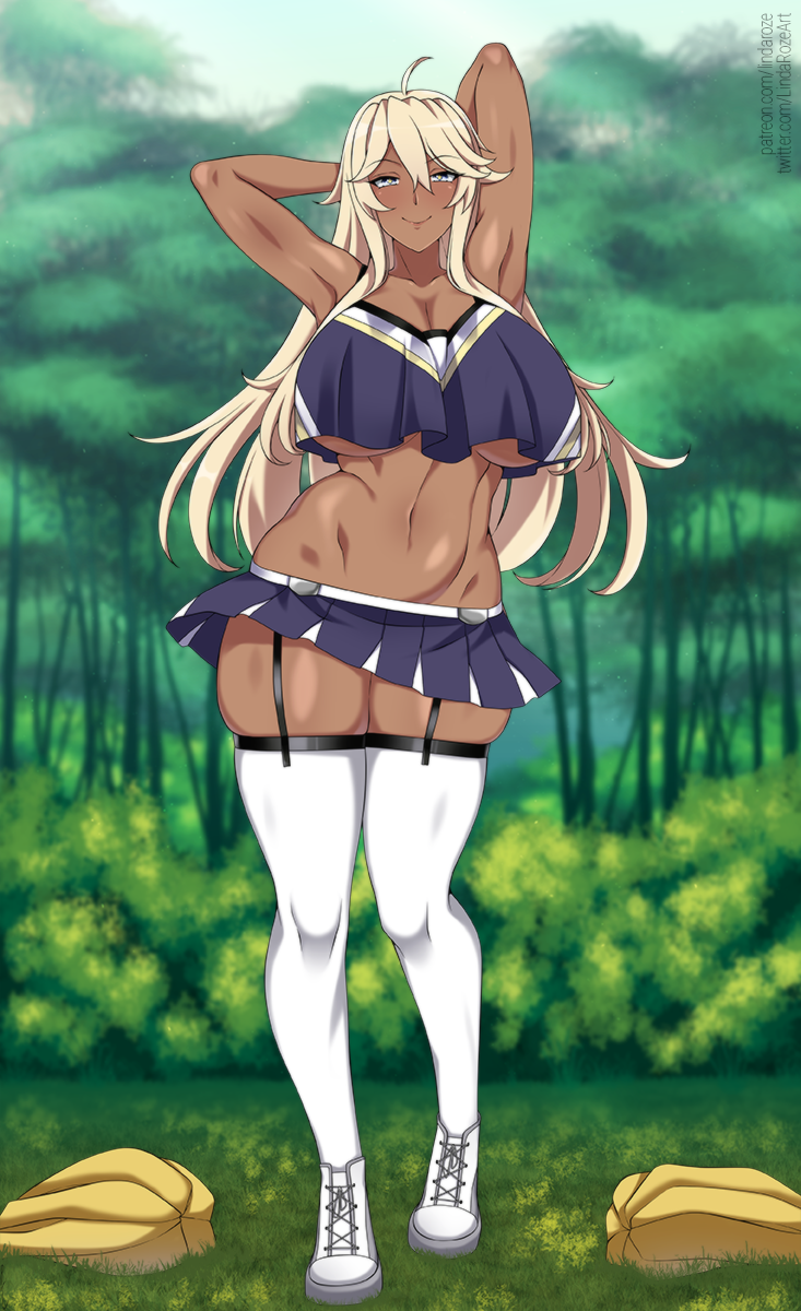 alternate costume, alternate skin color, armpits, arms behind head, arms up, bangs, bare shoulders, blonde hair, blue eyes, blue shirt, blue skirt, blue sky, blush, breasts, cheerleader, cleavage, closed mouth, collarbone, crop top, crop top overhang, dark skin, day, female, forest, full body, garter straps, grass, groin, hair between eyes, highres, iowa (kantai collection), kantai collection, large breasts, lindaroze, long hair, looking at viewer, miniskirt, nature, navel, patreon username, pleated skirt, pom pom (cheerleading), shirt, shoes, sidelocks, skindentation, skirt, sky, sleeveless, sleeveless shirt, smile, sneakers, solo, standing, star (symbol), star-shaped pupils, stomach, symbol-shaped pupils, thighhighs, twitter username, underboob, watermark, web address, white footwear, white thighhighs