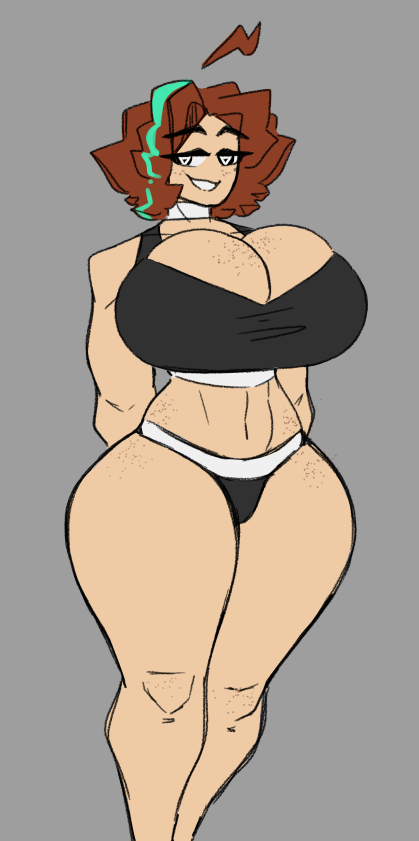 ahoge big_breasts delta_(shewiff) fat_ass freckles gym_bra shewiff smile thick_thighs underwear