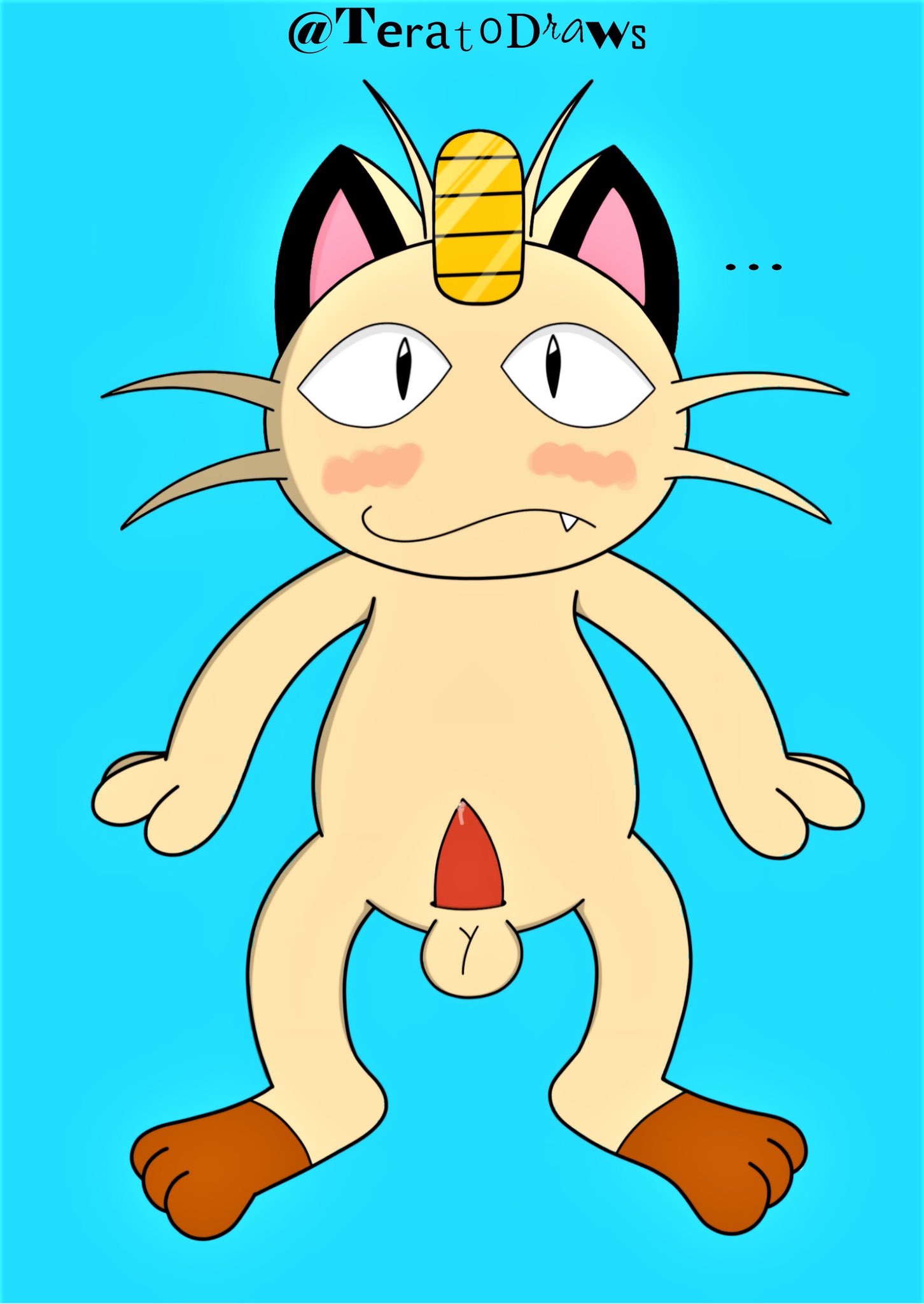 ... animal_genitalia anthro balls blue_background blush cat_ears cat_eyes digital_media_(artwork) feline furry looking_at_viewer male male_focus male_only meowth nervous noseless paws pokemon pokephilia precum sharp_tooth tan_fur