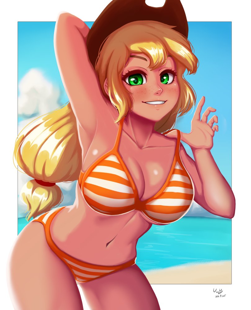 1girls 2022 applejack_(eg) applejack_(mlp) arm_up armpits big_breasts bikini blonde_female blonde_hair cloud clouds cowboy_hat equestria_girls freckles friendship_is_magic green_eyes hasbro hat long_hair looking_at_viewer my_little_pony navel orange_bikini signature sky smile smiling smiling_at_viewer smooth_skin solo solo_female striped_bikini swimsuit_pull the-park tied_hair twitter_link