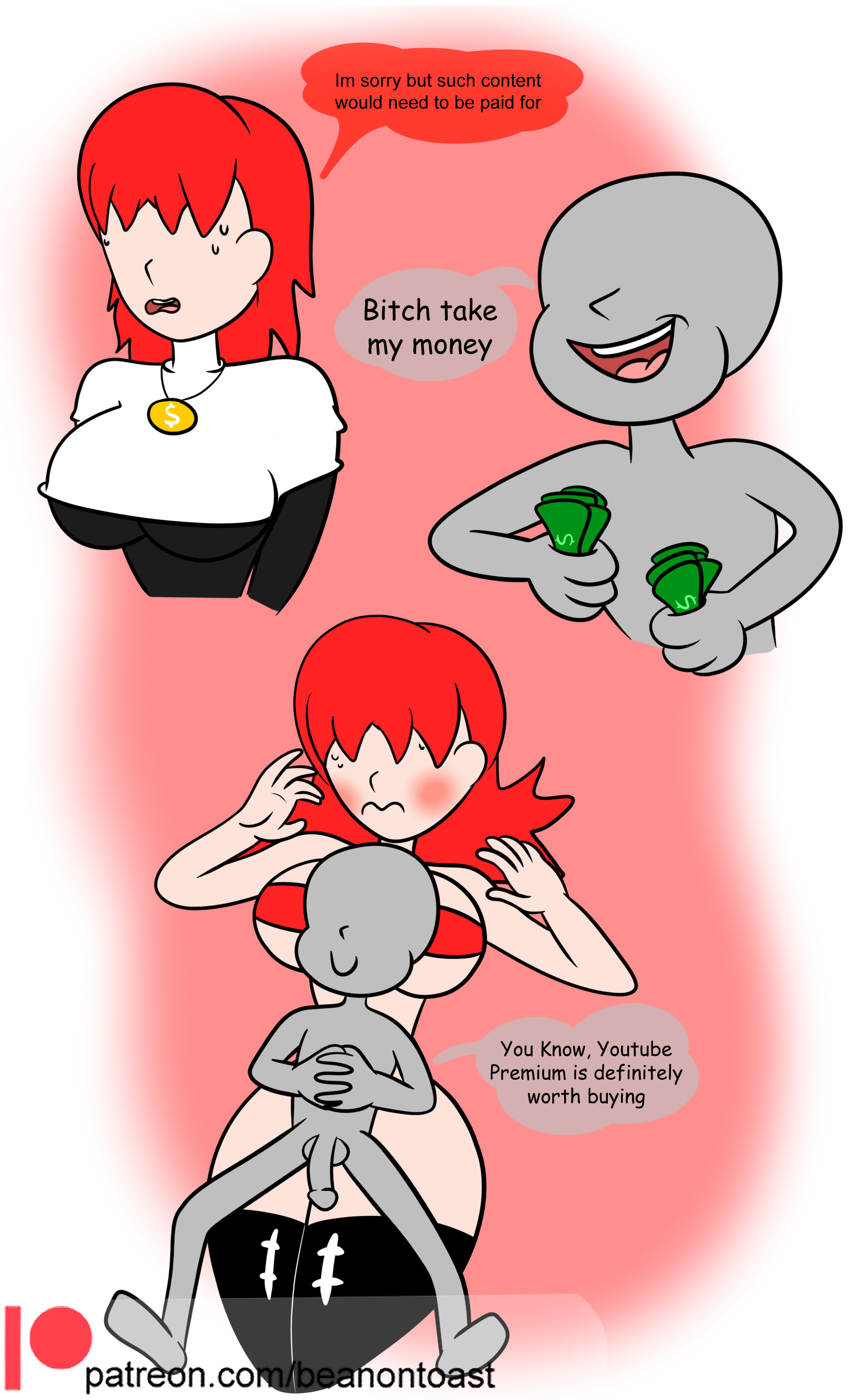 beanontoast, big breasts, blush, bra, breasts, faceless male, female, hair over eyes, head between breasts, laying on back, laying on person, leggings, male, money, necklace, nun, nun outfit, open mouth, panties, penis, penis out, red hair, site-tan, smiling, speech, speech bubble, thick thighs, underwear, youtube, youtube-tan