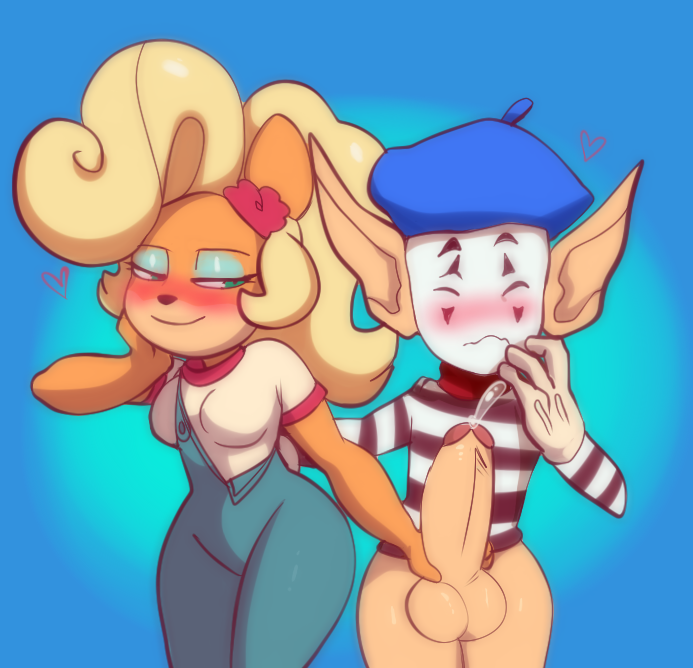 activision alien anthro balls bedroom_eyes beret big_balls big_penis blonde_female blonde_hair blush bodily_fluids bottomless breasts clothed clothing coco_bandicoot crash_(series) crash_team_racing_(series) cum duo ejaculation female flower fur genital_fluids genitals hair hat headgear headwear heart huge_balls huge_cock human humanoid hyper hyper_genitalia hyper_penis male male/female mammal masturbation mime narrowed_eyes nervous overalls penis plant seductive small_norm thick_penis thick_thighs video_games