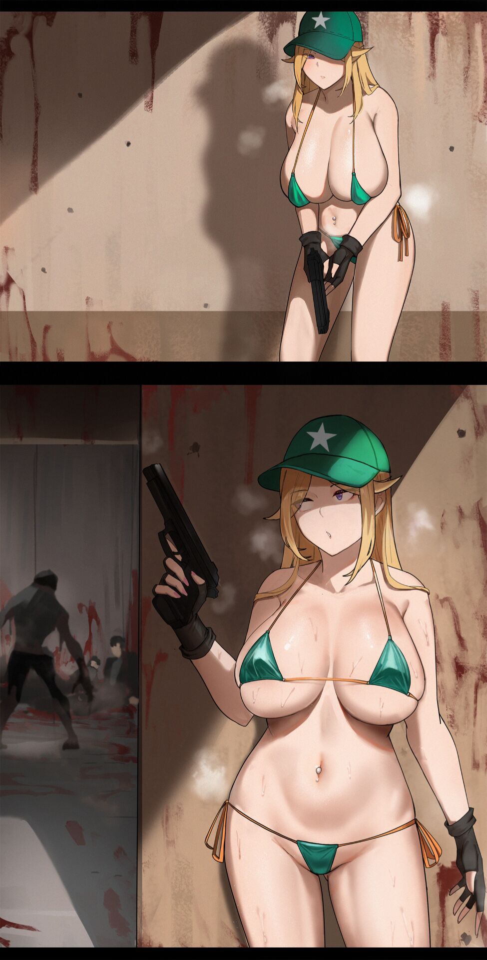 1girls ass_visible_through_thighs bare_shoulders baseball_cap behind_wall belly_button belly_button_piercing bikini black_fingerless_gloves black_gloves blonde_hair blood blood_on_wall blood_splatter blush blushing_at_viewer breasts cap cleavage collarbone curvaceous death enormous_breasts eyebrows_visible_through_hair eyes_visible_through_hair fingerless_gloves fingernail_polish fingernails gloves gongba_laoge green_bikini green_bikini_bottom green_bikini_top green_cap green_hat green_headwear green_swimsuit gun handgun hat headwear hi_res high_resolution highres holding holding_gun holding_pistol holding_weapon hourglass_figure huge_breasts indoors long_hair looking_at_viewer lowleg lowleg_bikini micro_bikini micro_bikini_bottom micro_bikini_top monster navel navel_piercing original parted_lips pelvic_line piercing pistol semiautomatic side-tie_bikini side-tie_bikini_bottom solo solo_female star_(symbol) star_print steamy steamy_body straight_hair string_bikini string_bikini_bottom string_bikini_top sweat sweatdrop sweaty_body sweaty_breasts swimsuit thigh_gap tight_bikini tight_clothing tight_fit tight_swimsuit trigger_discipline underboob undersized_clothes voluptuous voluptuous_female weapon