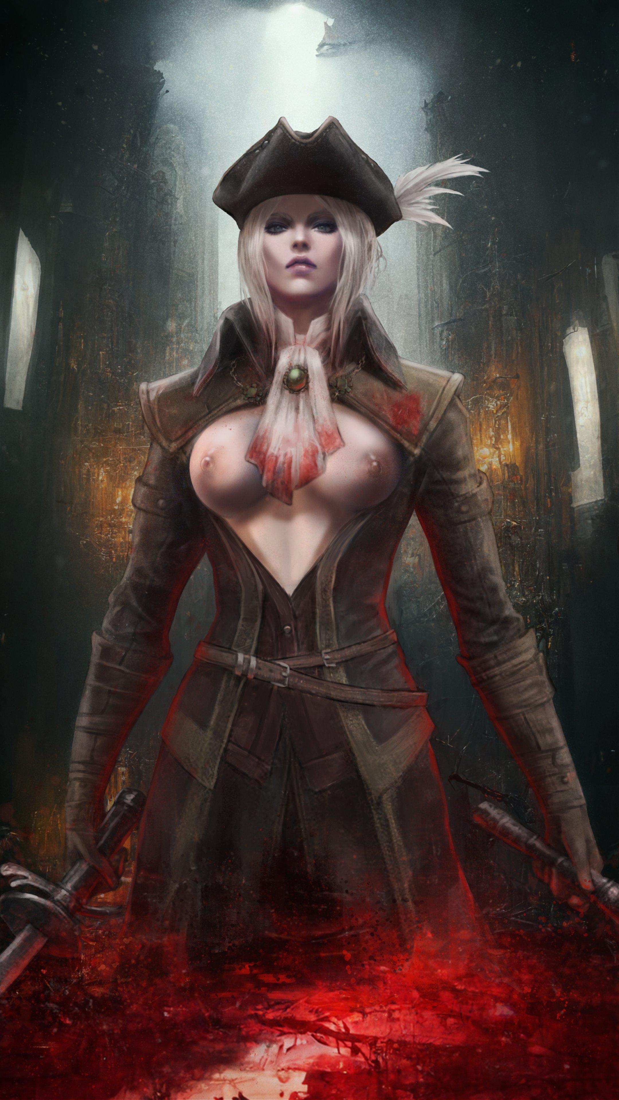 1girls, blonde eyebrows, blonde hair, blood, bloodborne, breasts, dual wielding, female, female only, fromsoftware, hat, lady maria of the astral clocktower, looking at viewer, monorirogue, no bra, no bra under clothes, painting (artwork), solo, sword, weapon