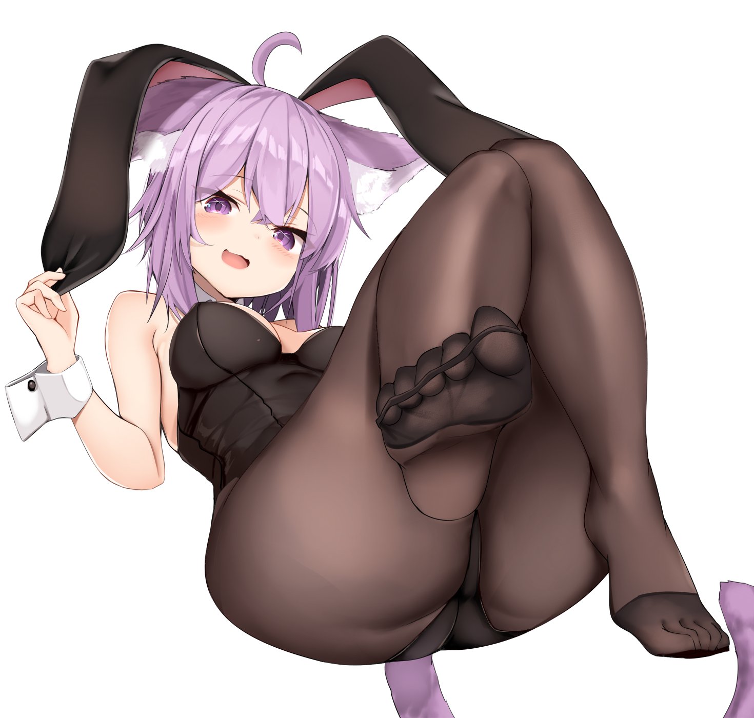 :d, 1girls, ahoge, animal ears, bare shoulders, cat ears, cat girl, cat tail, commentary, feet, female, foot focus, highres, hololive, hololive gamers, hololive japan, karatakewari, nekomata okayu, no shoes, open mouth, pantyhose, playboy bunny, purple hair, rabbit ears, short hair, simple background, smile, solo, solo female, tail, thick thighs, thighs, virtual youtuber, white background, wrist cuffs