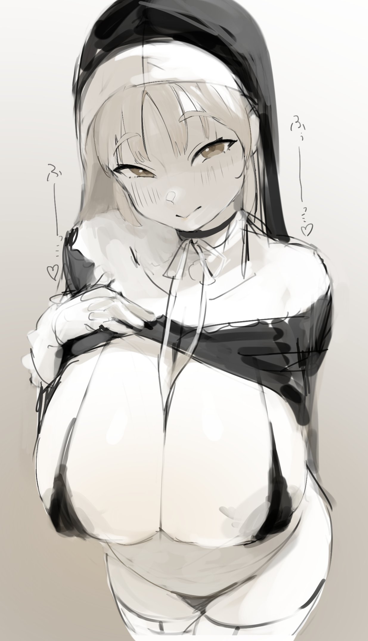 bangs, between breasts, bikini, blush, breasts, commentary, female, greyscale, habit, heart, highres, huge breasts, long hair, looking at viewer, micro bikini, monochrome, naughty face, neck ribbon, nijisanji, nun, ribbon, sister claire, sister cleaire, sketch, smile, solo, sound effects, swimsuit, symbol-only commentary, virtual youtuber, wasabi sushi