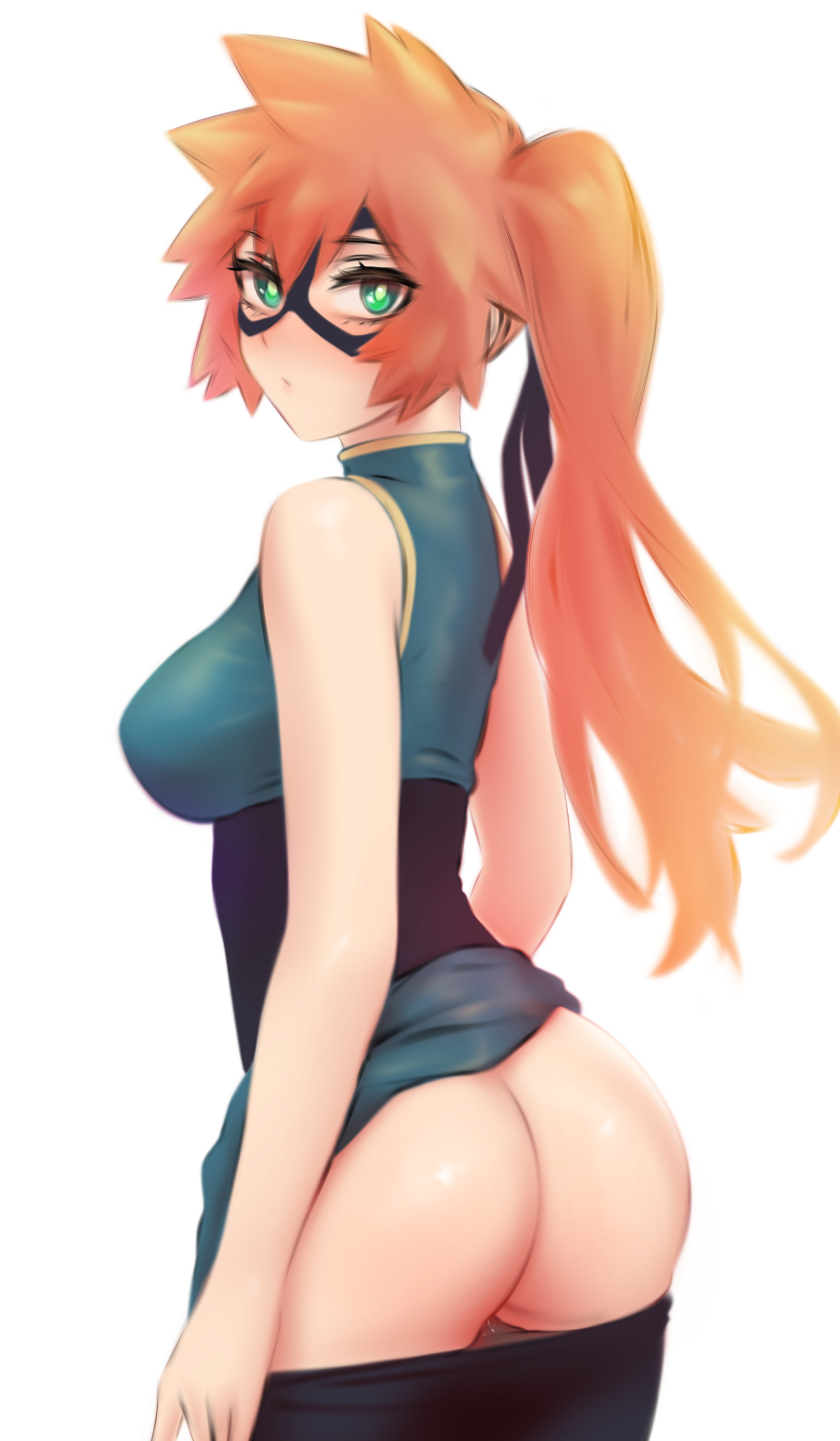 1girls, ass, bubble ass, bubble butt, domino mask, female, female human, female only, green eyes, hero outfit (mha), human, itsuka kendou, kendou itsuka, looking at viewer, looking back, my hero academia, orange hair, orange-haired female, presenting, presenting hindquarters, red hair, shpo, side ponytail, solo, solo female, superhero costume, superheroine