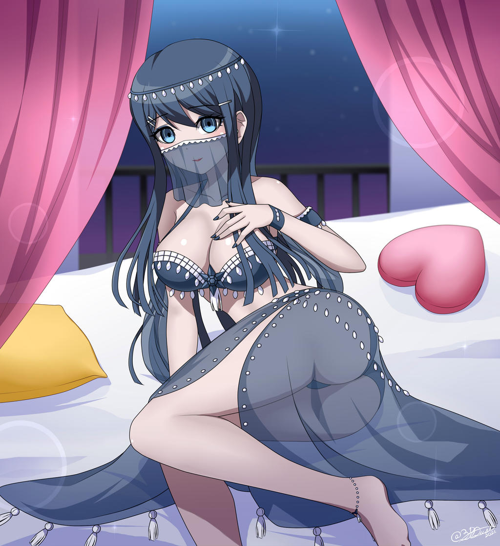 alternate_version_available artist_signature ass barely_clothed bed belly_dancer breasts dancer danganronpa danganronpa:_trigger_happy_havoc danganronpa_1 female_only hand_on_chest izuru_planetes large_ass large_breasts lewdkuma lipstick looking_at_viewer maizono_sayaka mouth_veil on_bed pillow see-through skimpy_clothes straight_hair veil