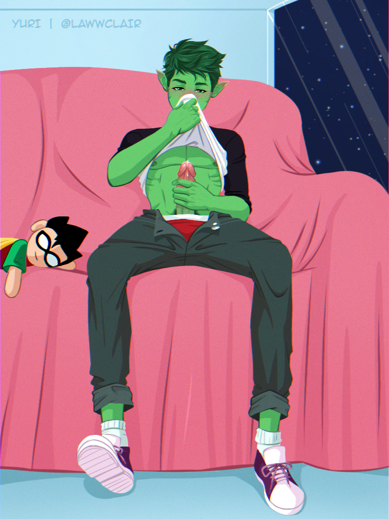 1boy, beast boy, blush, boner, clothed masturbation, covered mouth, dc, dc comics, erection, green body, green hair, lawwclair, male, male only, masturbation, pants open, red underwear, shirt lift, sitting, solo, underwear