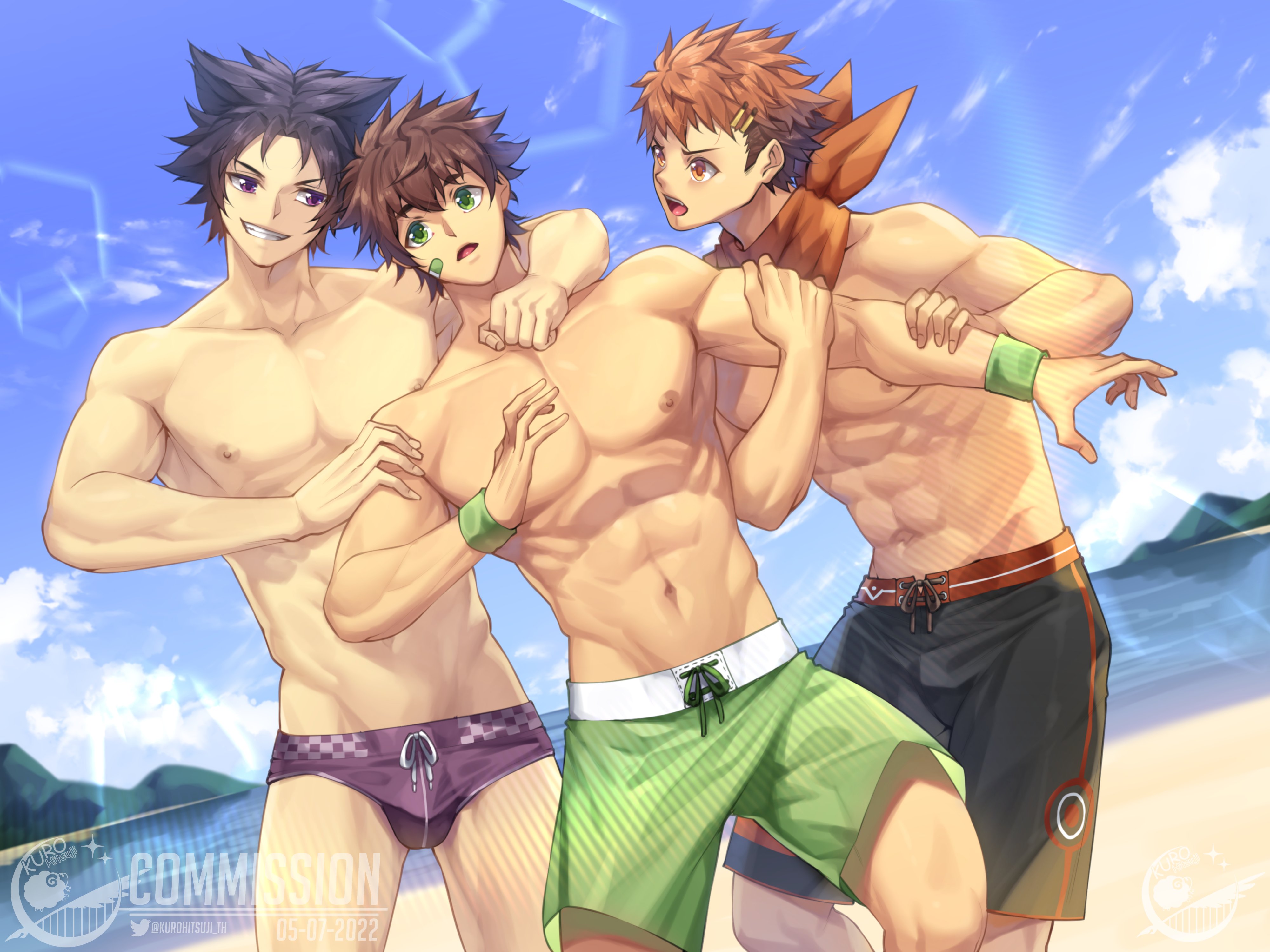 3boys, beach, brown hair, camp buddy, gay, gay male, green eyes, hiro akiba, keitaro nagame, kurohitsuji lim, male, male focus, male only, muscles, nipples, orange eyes, orange hair, purple eyes, purple hair, six pack, speedo, summer, swimwear, yaoi, yoichi yukimura