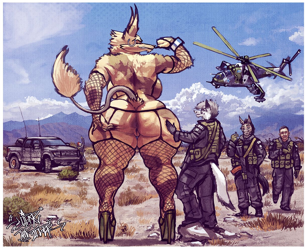 3boys, ass, big ass, big butt, female, fishnets, helicopter, high heels, male, military, pickup truck, platform heels, public, size difference, sligarthetiger, spread anus, weapons